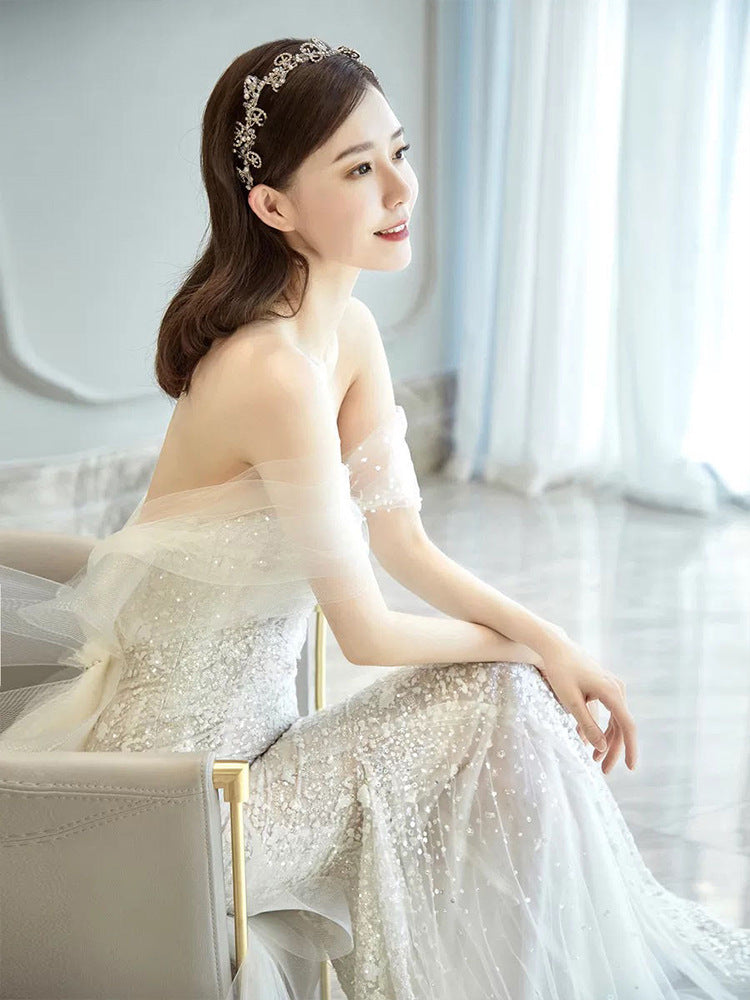 Elegant Mermaid Sequins Wedding Dress - Off Shoulder Long Evening Gown with Train for Bride - Perfect for Beach, Church, and Formal Wedding Ceremonies