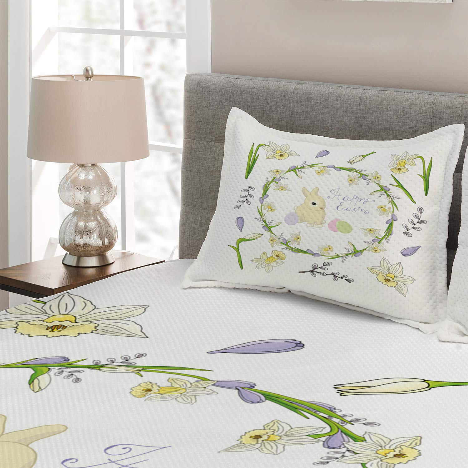 Ambesonne Easter Bunny 3-Piece Quilted Bedspread Set - King Size, Apple Green & Lavender Blue, Romantic Holiday Decor | Perfect for Spring Bedroom, Guest Room & Easter Home Decoration