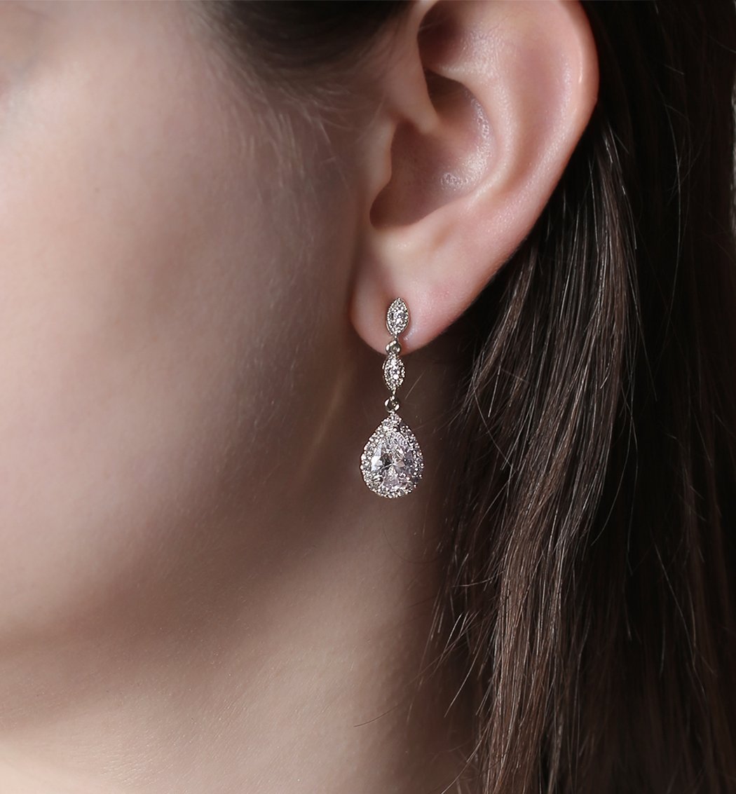 A+O Bridesmaid Earrings: Teardrop Cubic Zirconia Crystal Dangle Earrings in Silver, Gold, Rose Gold - Perfect for Weddings, Parties, and Special Occasions