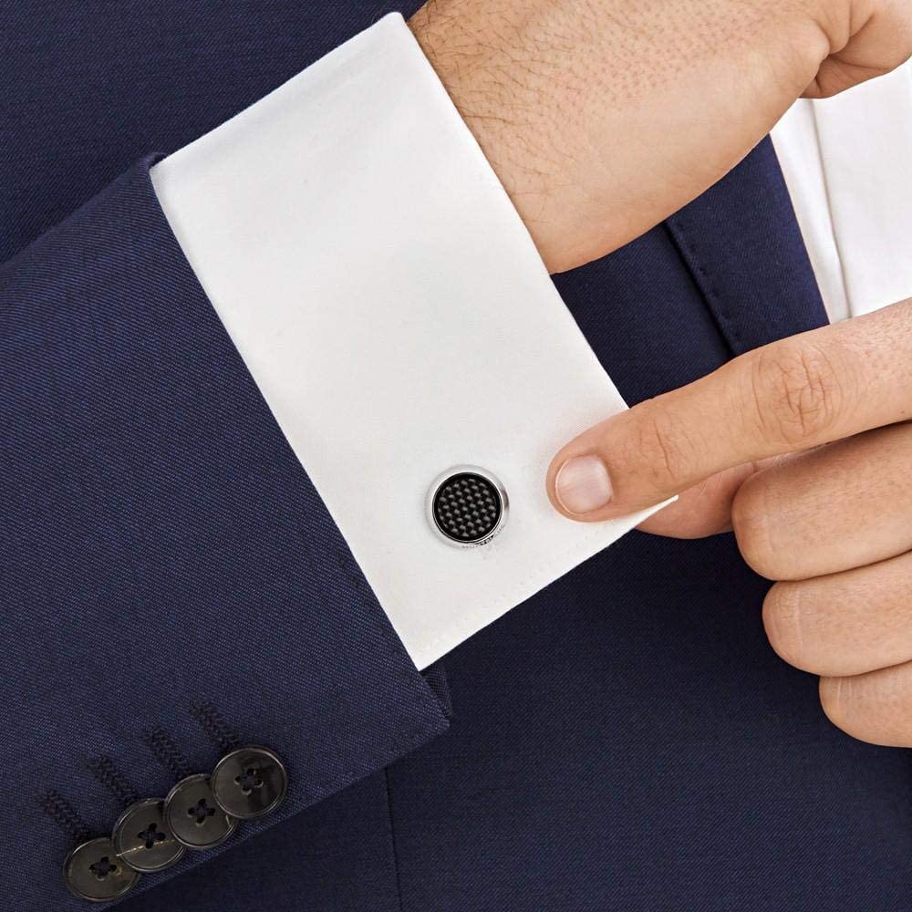 Montblanc Extreme 2.0 Round Stainless Steel Cufflinks with Carbon Fiber Effect - Silver & Black Luxury Cufflinks for Men & Women - Perfect for Formal Events, Weddings, and Business Attire