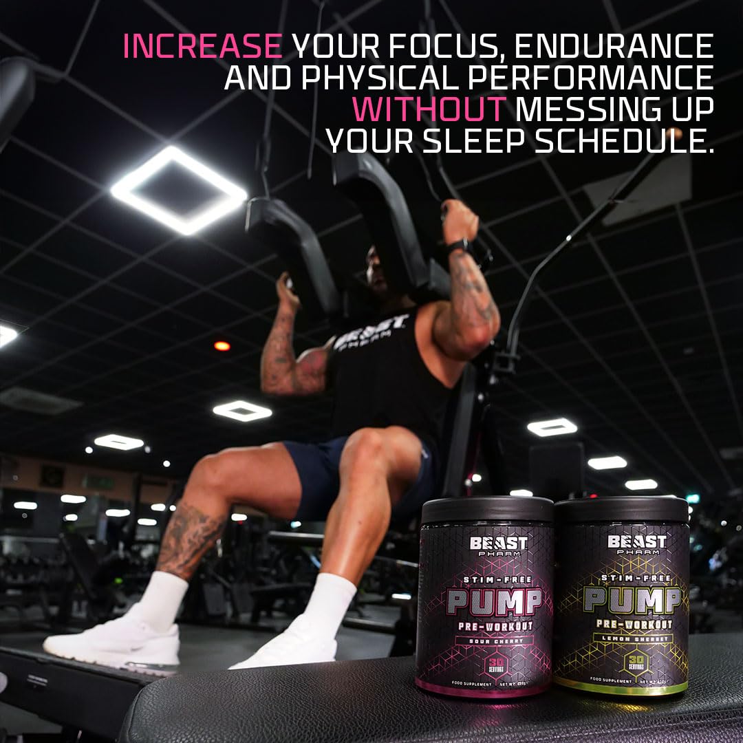 Beast Pharm STIM FREE PUMP Pre Workout Powder 450g - Sour Cherry Flavor | Nitric Oxide Booster for Muscle Pumps & Endurance | Ideal for Gym, Bodybuilding & Fitness Training
