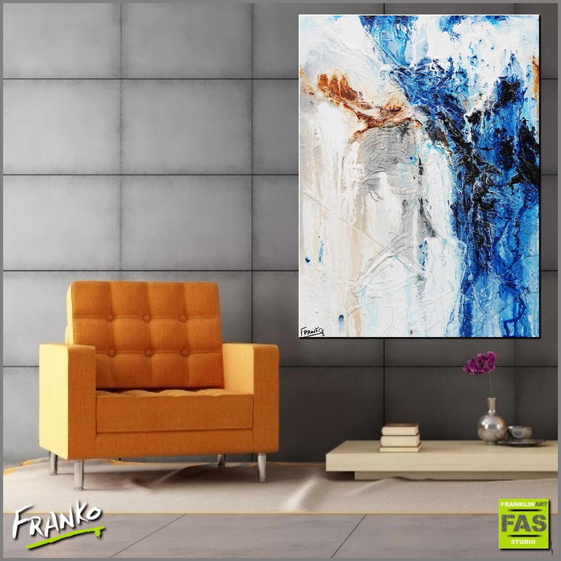 Deep Blue Umber 75cm x 100cm White Blue Abstract Canvas Painting - Modern Wall Art for Living Room, Bedroom & Office Decor