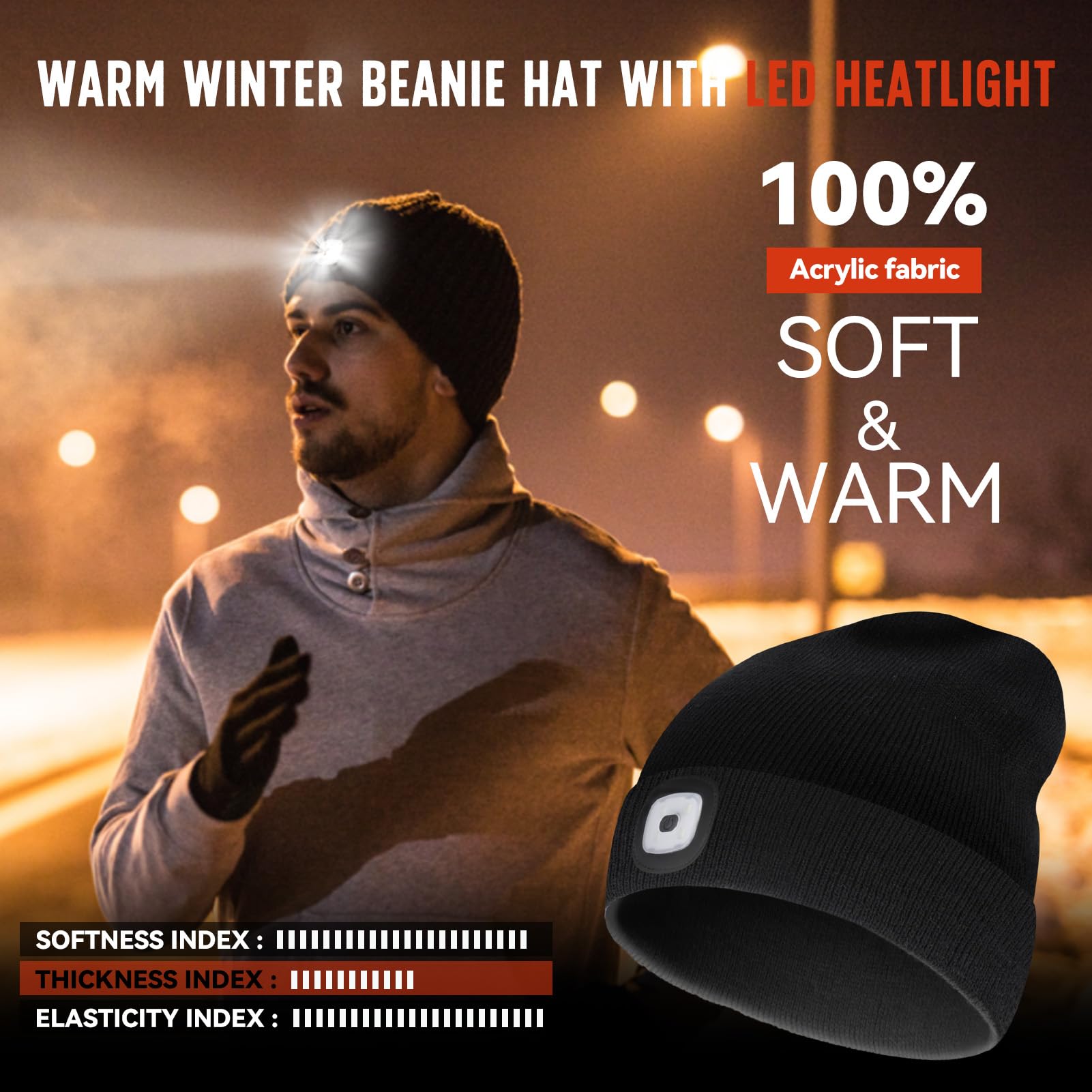 Rechargeable LED Beanie Hat with Light - Unisex Winter Warm Knit Cap for Men & Women - Perfect Birthday Gift, Christmas Present - Ideal for Outdoor Activities, Camping, Hiking, Night Running