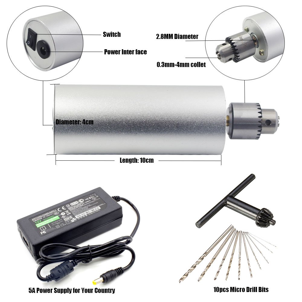 Yakamoz 0.3mm-4mm Micro Aluminum Portable Handheld Electric Drill - DIY PCB Mini Drill with 5A Power Supply & 10pc Micro Drill Bits Set for Jewelry Making, Circuit Board Repair, and Model Crafting