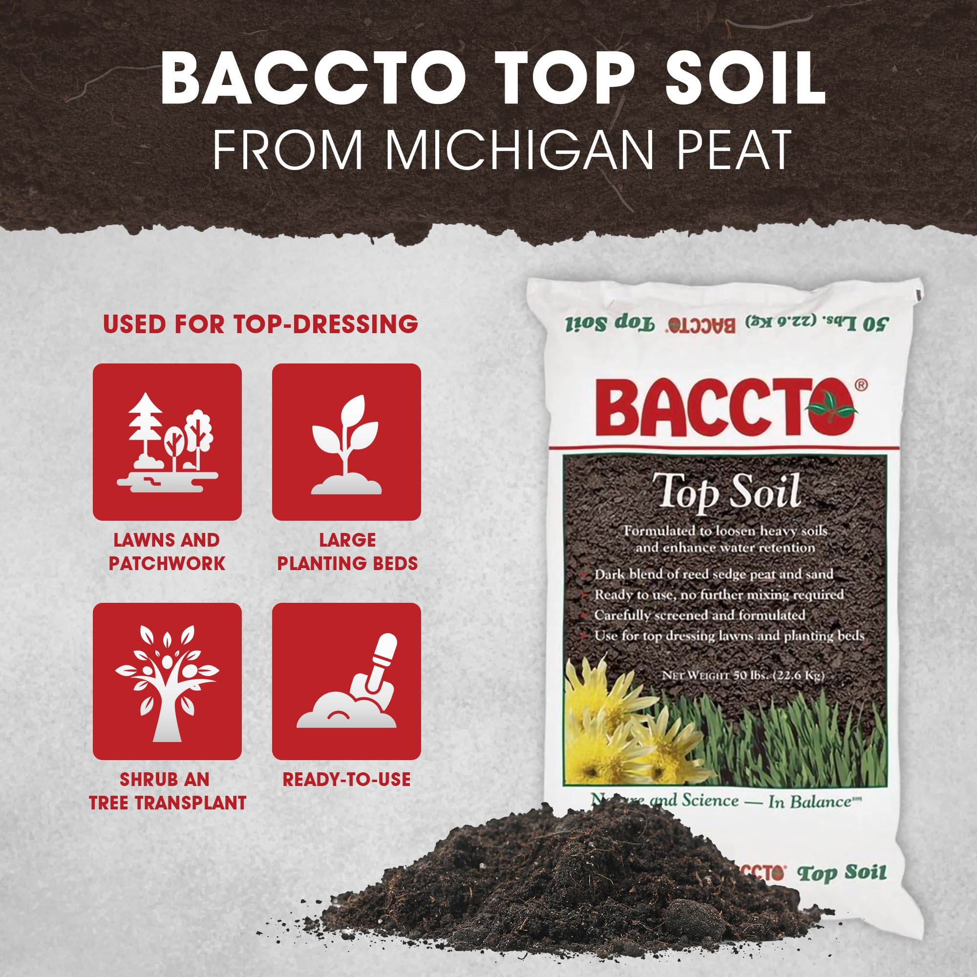 Premium 1550P Baccto Topsoil - 50lb (10 Pack) for Lawns, Gardens & Raised Beds | Reed Sedge, Peat & Sand Mix | Ideal for Landscaping, Vegetable Planting & Flower Beds