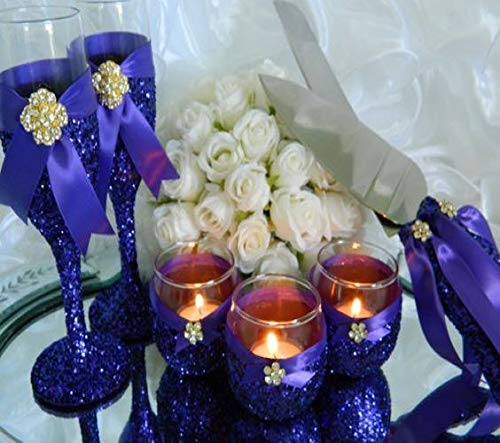 Elegant Wedding Champagne Flutes Set - 2 Crystal Champagne Glasses & 2 Silver Cake Knives (4-Piece) - Perfect for Wedding Toasts, Bridal Showers, Anniversary Gifts & Purple Themed Weddings - Great for Romantic Celebrations, Vow Renewals & Special Occasions