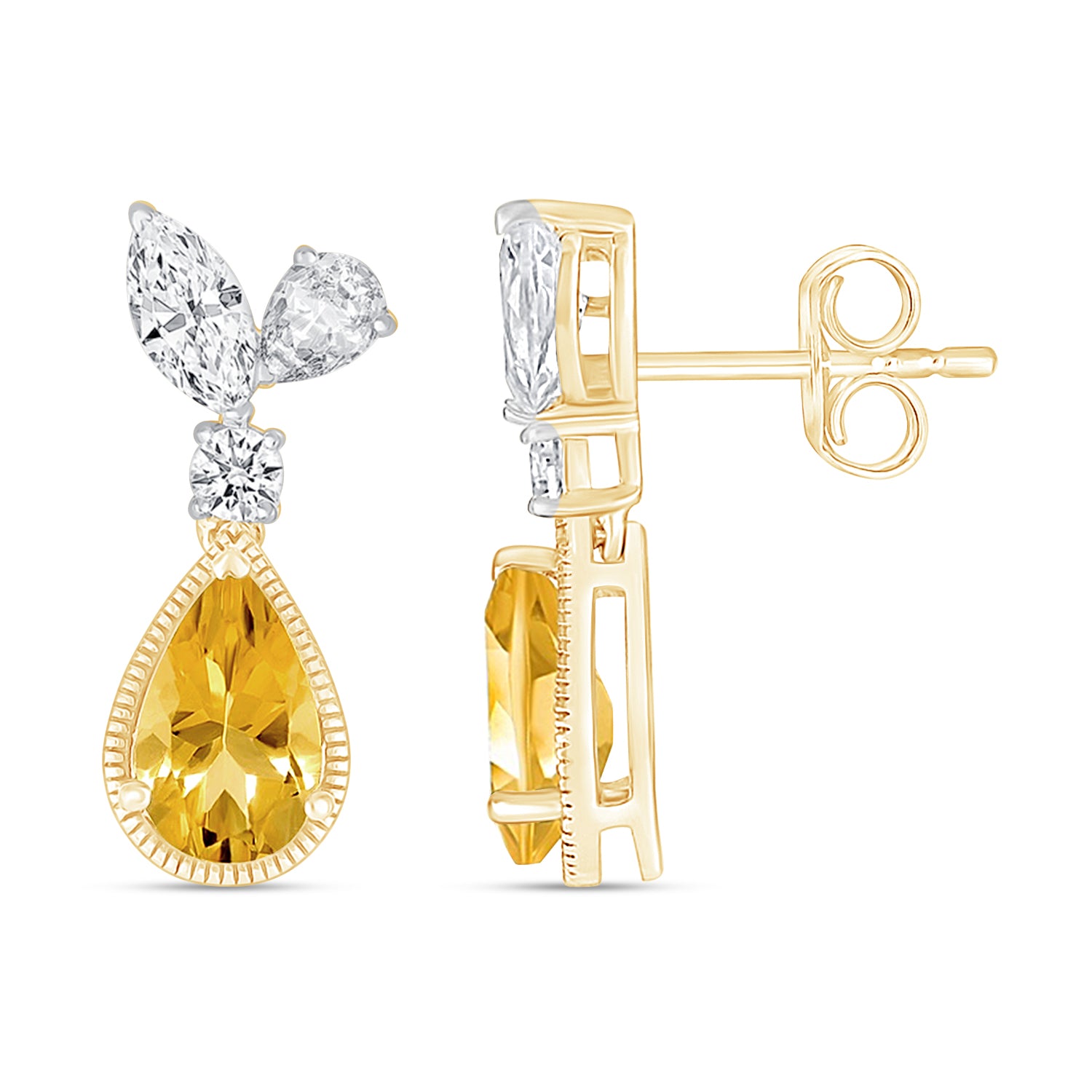 10k Yellow Gold Pear Cut Citrine and Sapphire Dangle Earrings for Women - Elegant Jewelry Gift for Birthday, Anniversary & Special Occasions