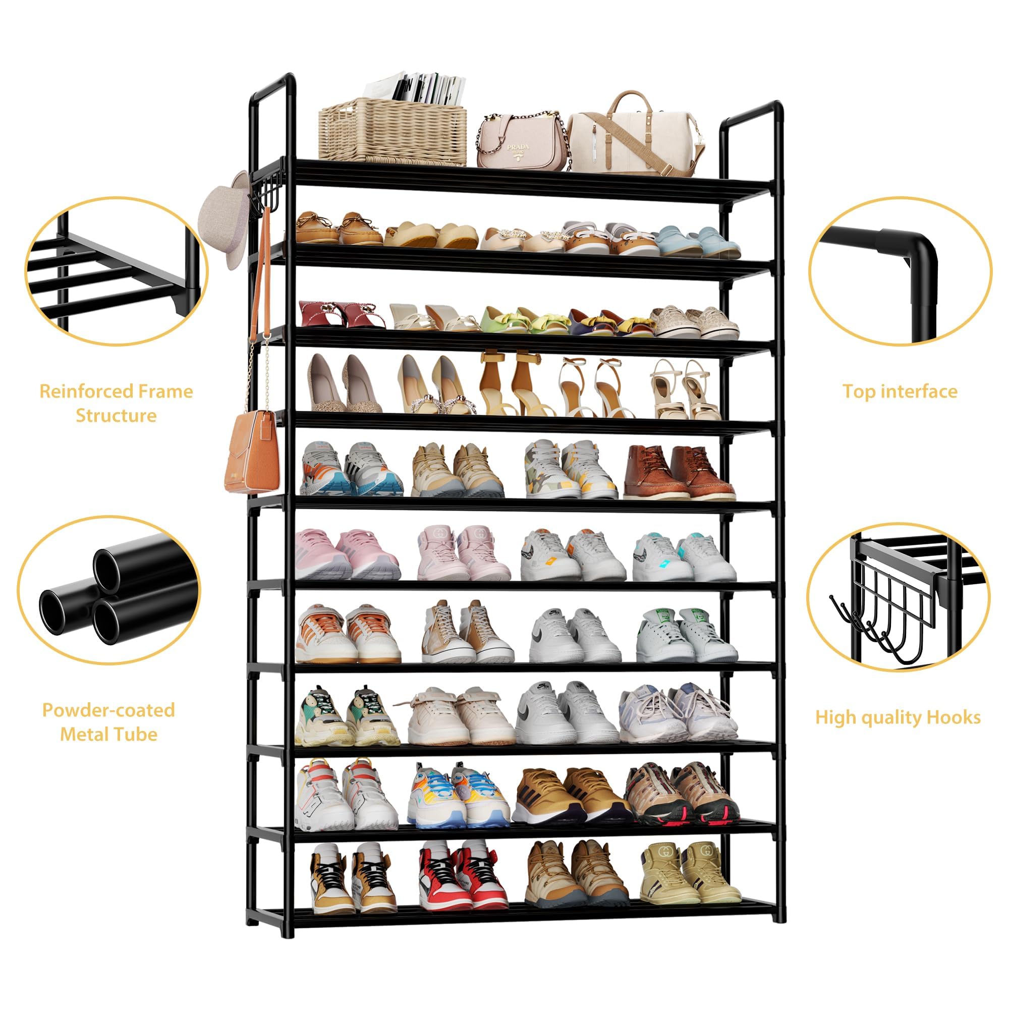10-Tier Shoe Organizer - Large Metal Shoe Rack with Hooks Holds 40-50 Pairs | Space-Saving Closet Storage | Perfect for Entryway, Bedroom, Garage & Dorm Organization | Heavy Duty Shoe Shelf for Sneakers, Boots & Heels