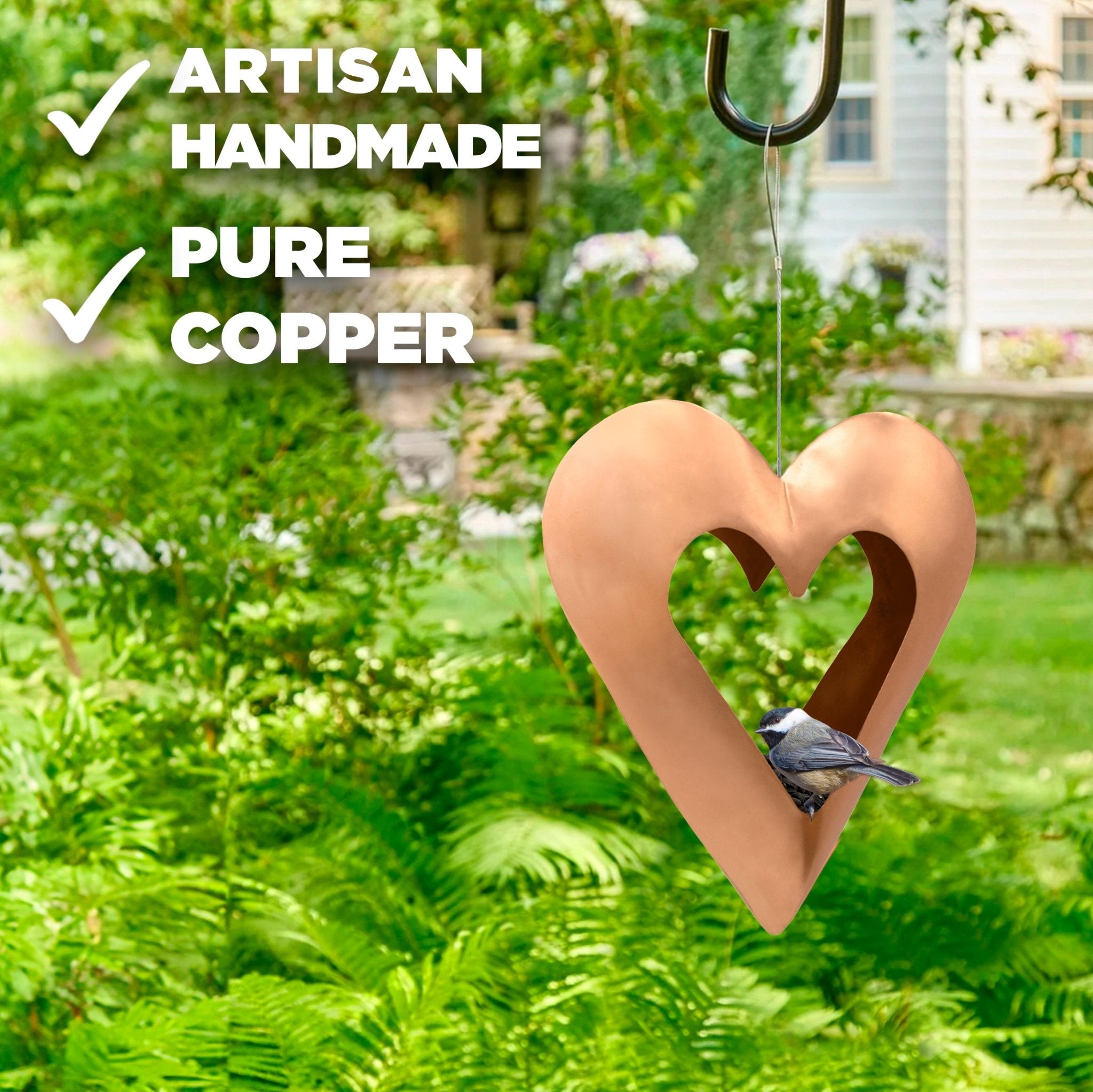 Fly Thru™ Copper Heart Bird Feeder - Elegant Outdoor Garden Decor for Attracting Wild Birds - Perfect for Backyards, Patios, and Nature Lovers