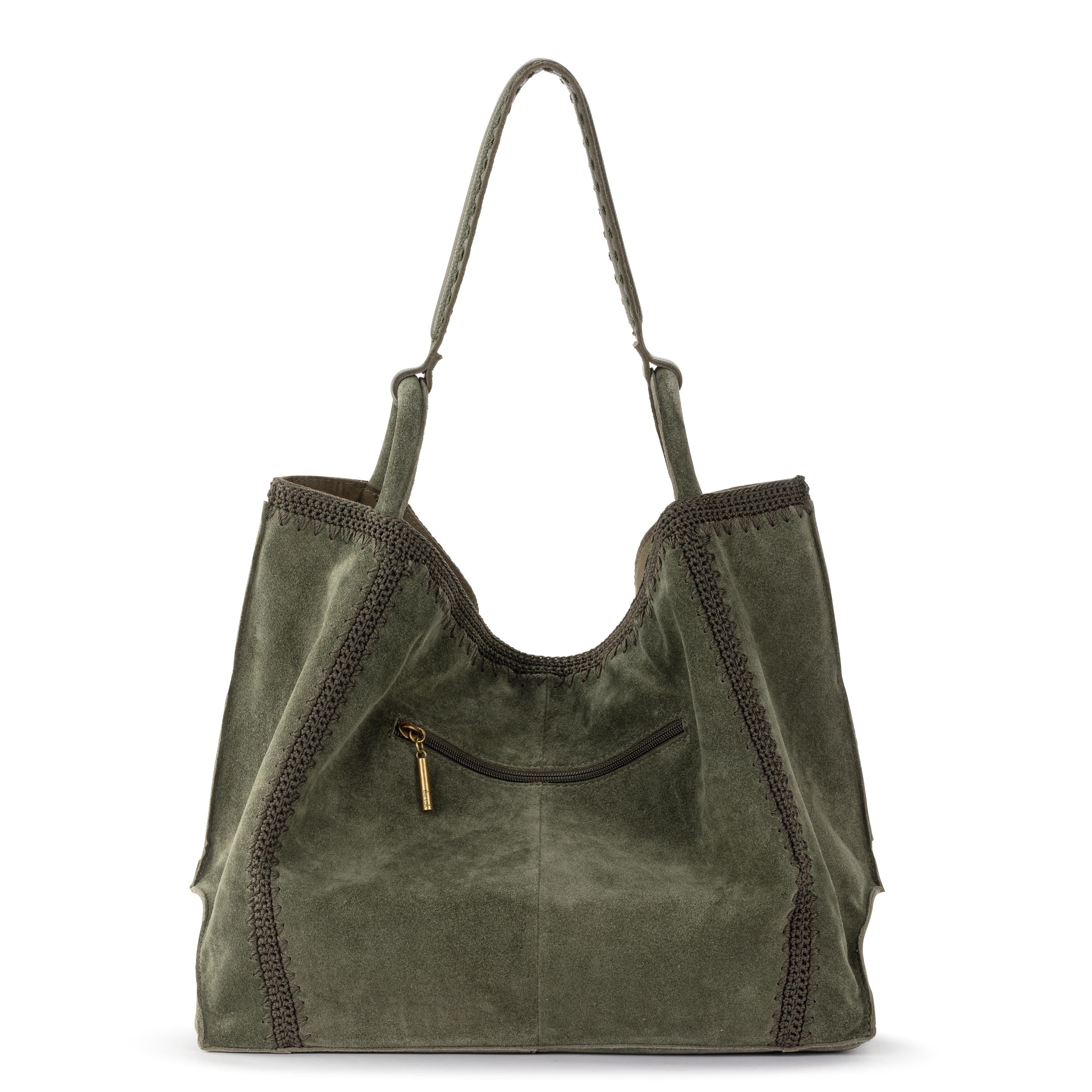 Los Feliz Large Leather Tote Bag with Moss Suede Patch - Stylish & Spacious Handbag for Work, Travel & Everyday Use