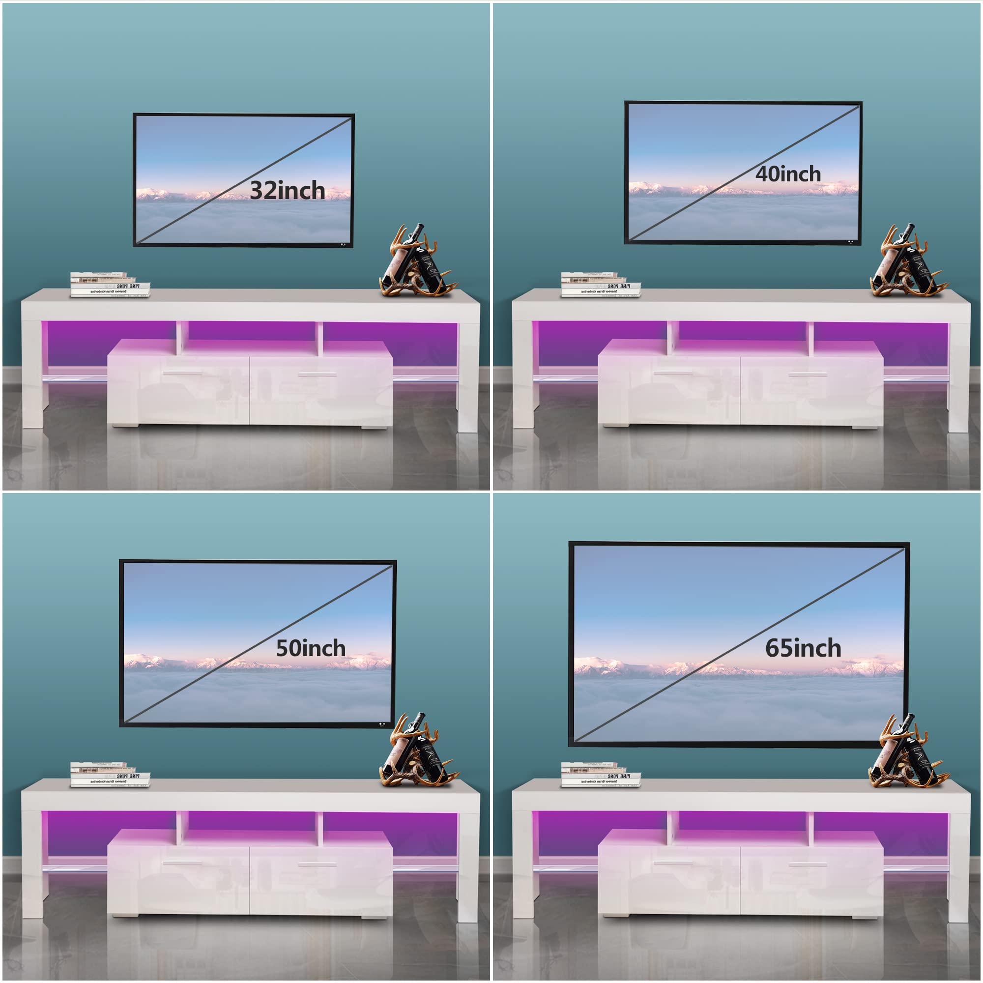 70 Inch White TV Stand with 16-Color LED Lights - High Gloss Entertainment Center with Large Storage Cabinet & Glass Shelves - Perfect for Living Room, Bedroom & Home Theater Setup