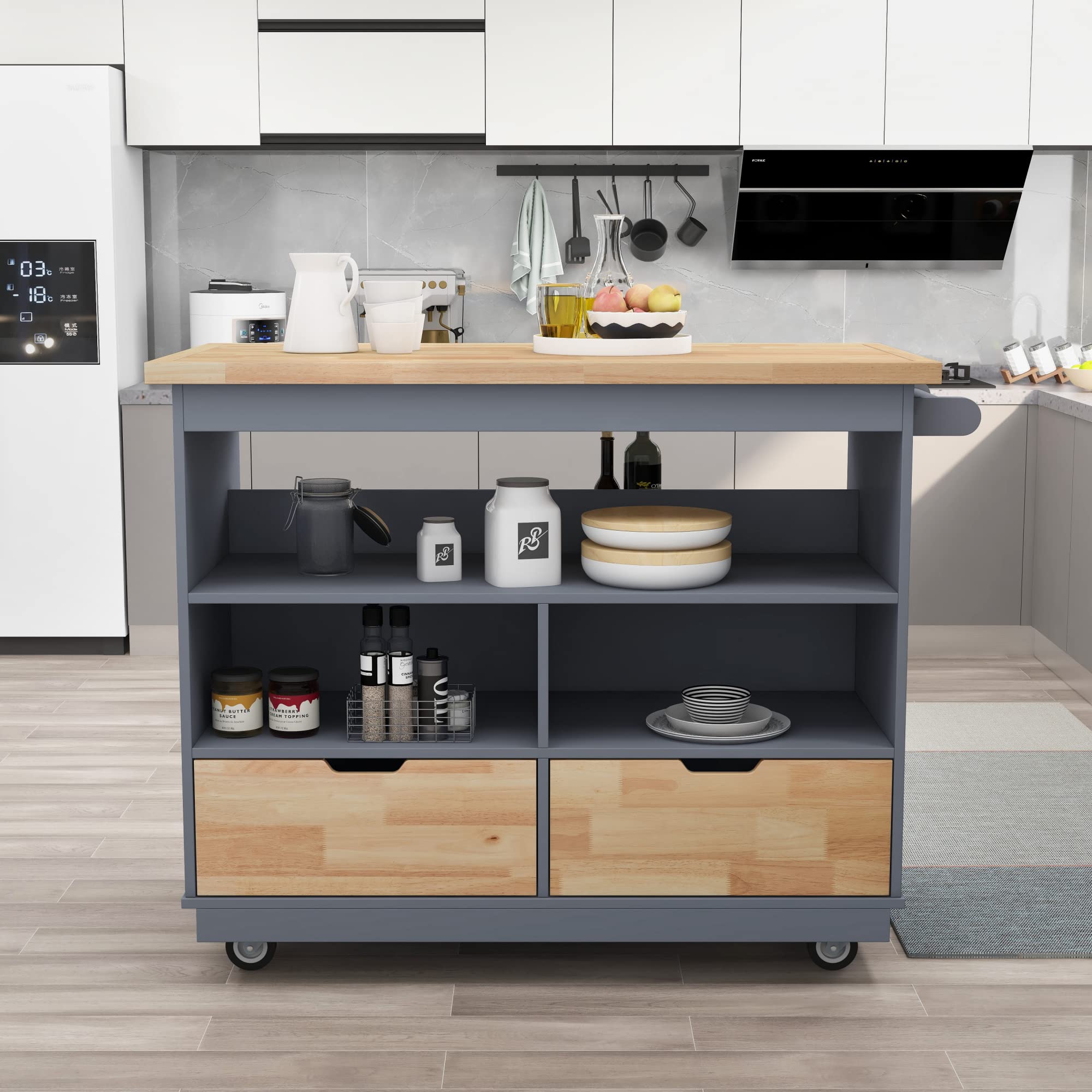 LZ LEISURE ZONE 46-Inch Blue Kitchen Island Cart with 2 Drawers & Shelves - Rolling Mobile Kitchen Storage Cabinet for Dining Room, Small Apartment & Food Prep Station - Perfect for Organizing Utensils, Cookware & Tableware