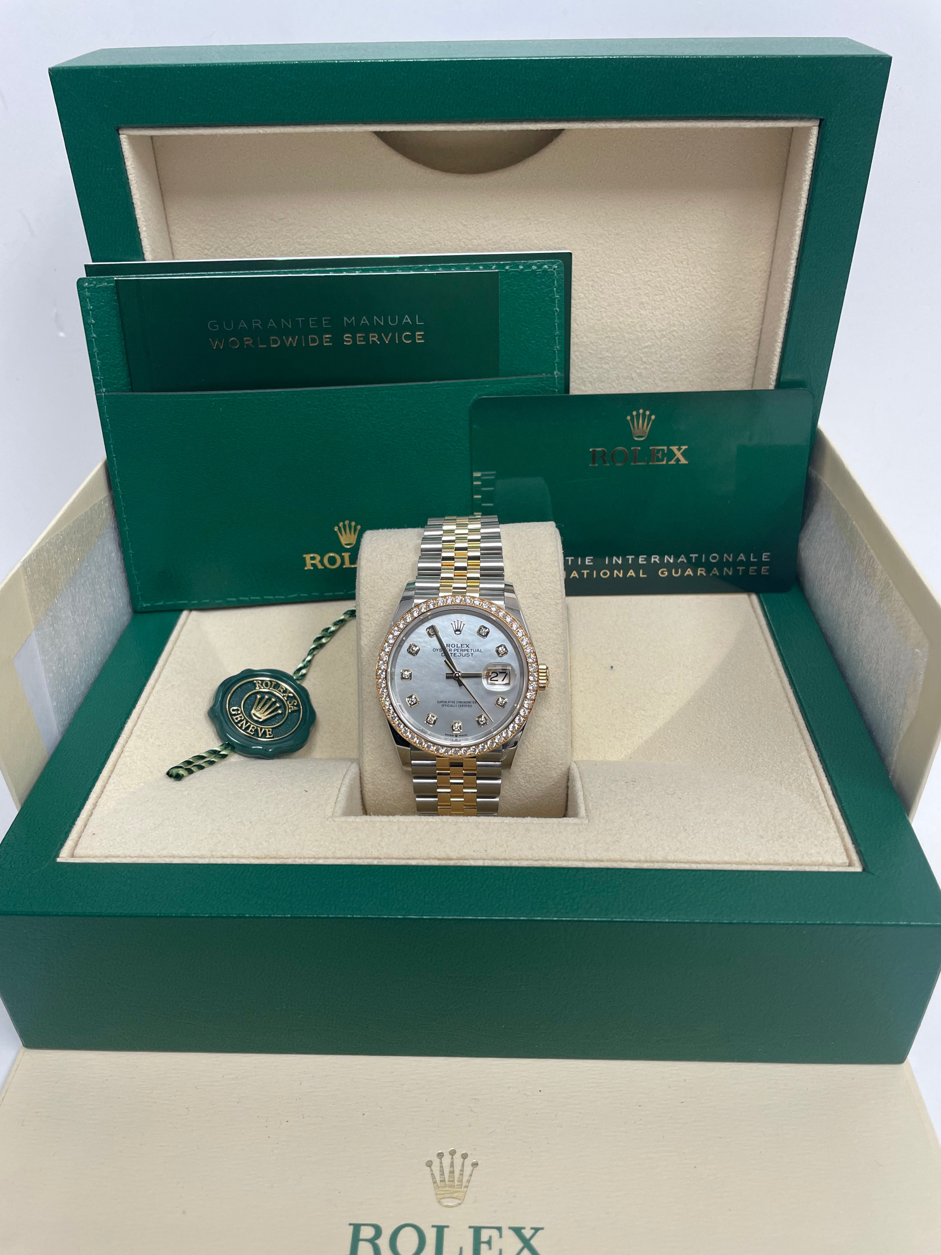 Rolex Datejust 36 Rolesor Watch - Yellow Diamond Bezel & White Mother of Pearl Dial - Jubilee Bracelet Ref.126283RBR - Luxury Dress Watch for Men, Perfect for Weddings & Formal Events