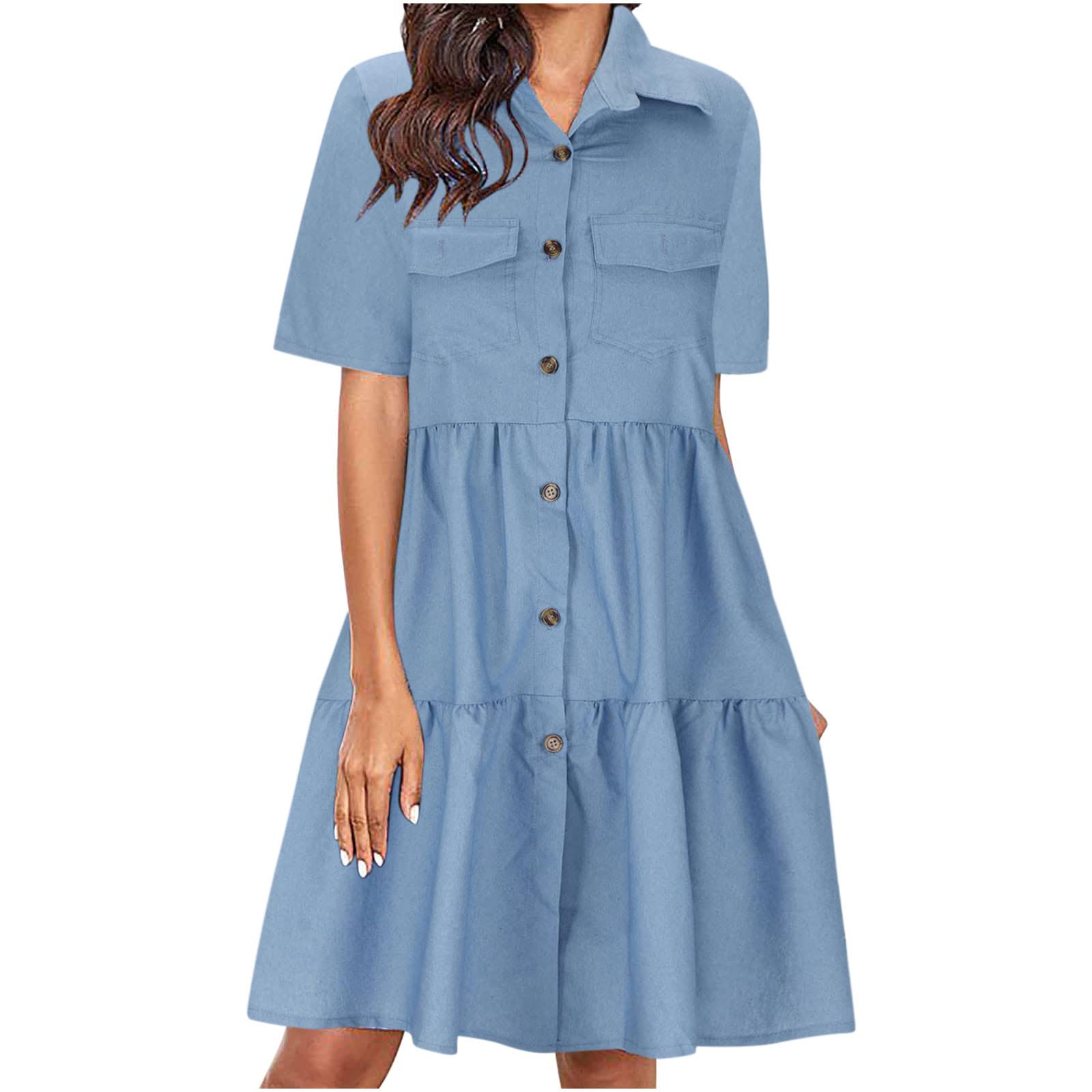 Stylish Women's Denim Babydoll Dress - Tiered Short Sleeve Button Down Jean Shirt Dress for Summer Casual Wear | Perfect for Weddings, Dates & Outdoor Events
