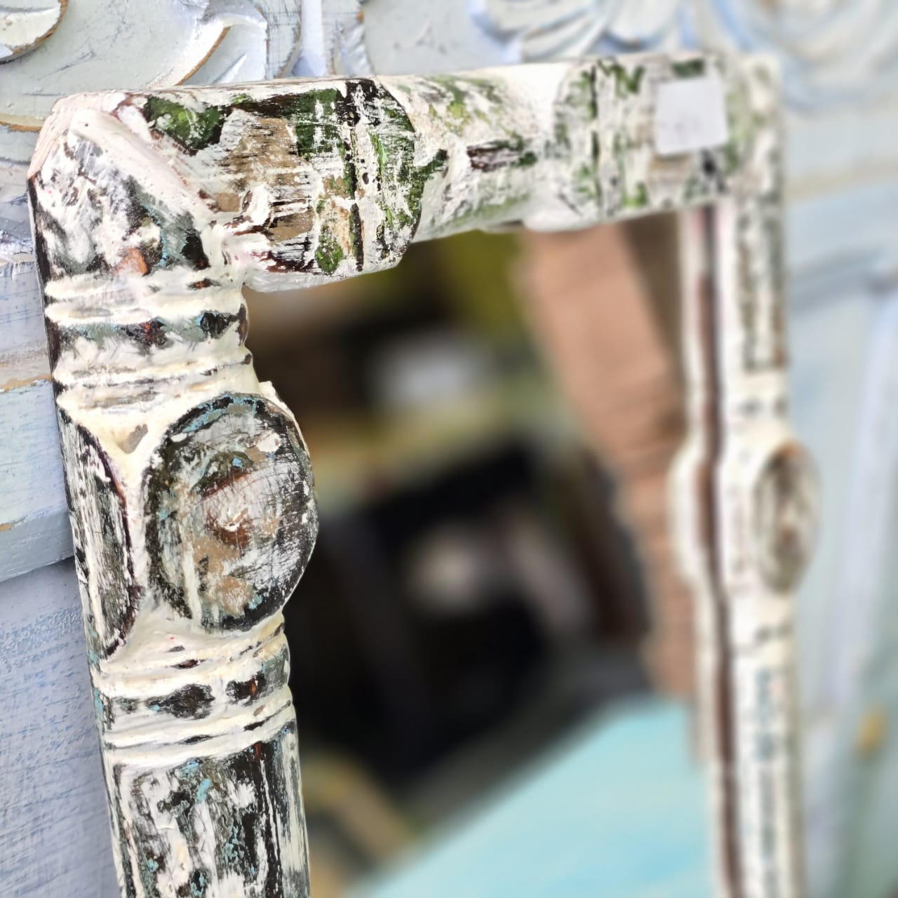 Handmade Solid Wood Carved Indian Furniture Mirror Frame - Rustic White 06 - Perfect for Living Room, Bedroom, or Home Decor