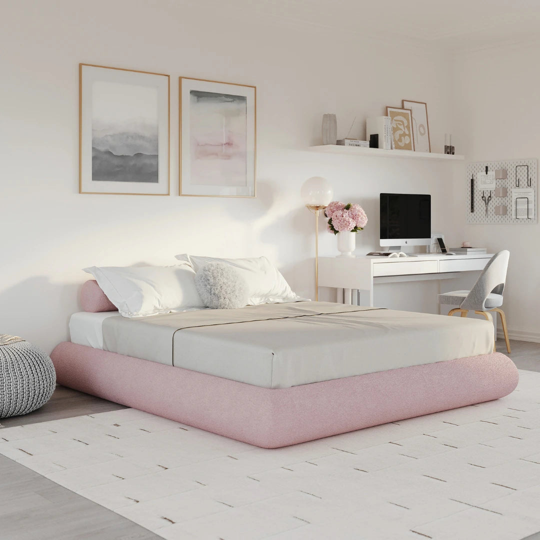 Luna Bed Frame - Queen Size Platform Bed with Upholstered Headboard, Cotton Candy Pink Fabric | Modern Bedroom Furniture for Girls, Teens, and Adults