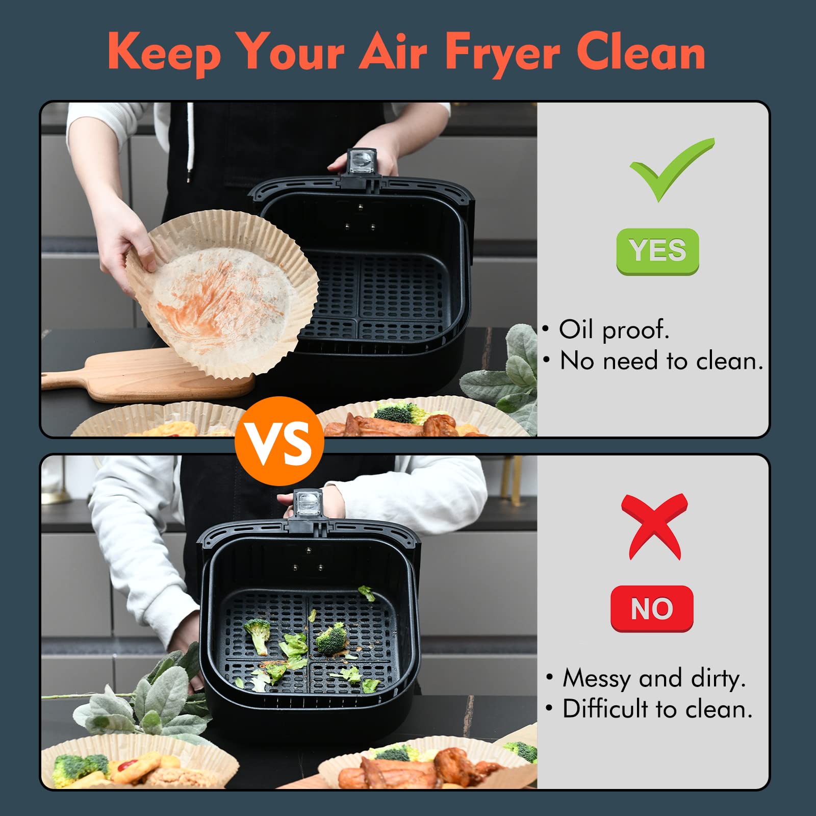 3-Size Disposable Air Fryer Paper Liners for COSORI Air Fryer Toaster Oven - 100Pcs Non-Stick Parchment Baking Sheets (9.1 Inch Square, Natural) - Perfect for Healthy Cooking & Easy Cleanup