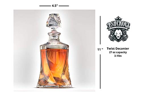 Premium Ashcroft Twist Whiskey Decanter Set - 5 Piece Crystal Decanter with 4 Glasses for Scotch, Bourbon & Rum - Elegant Barware Gift for Men & Home Entertaining