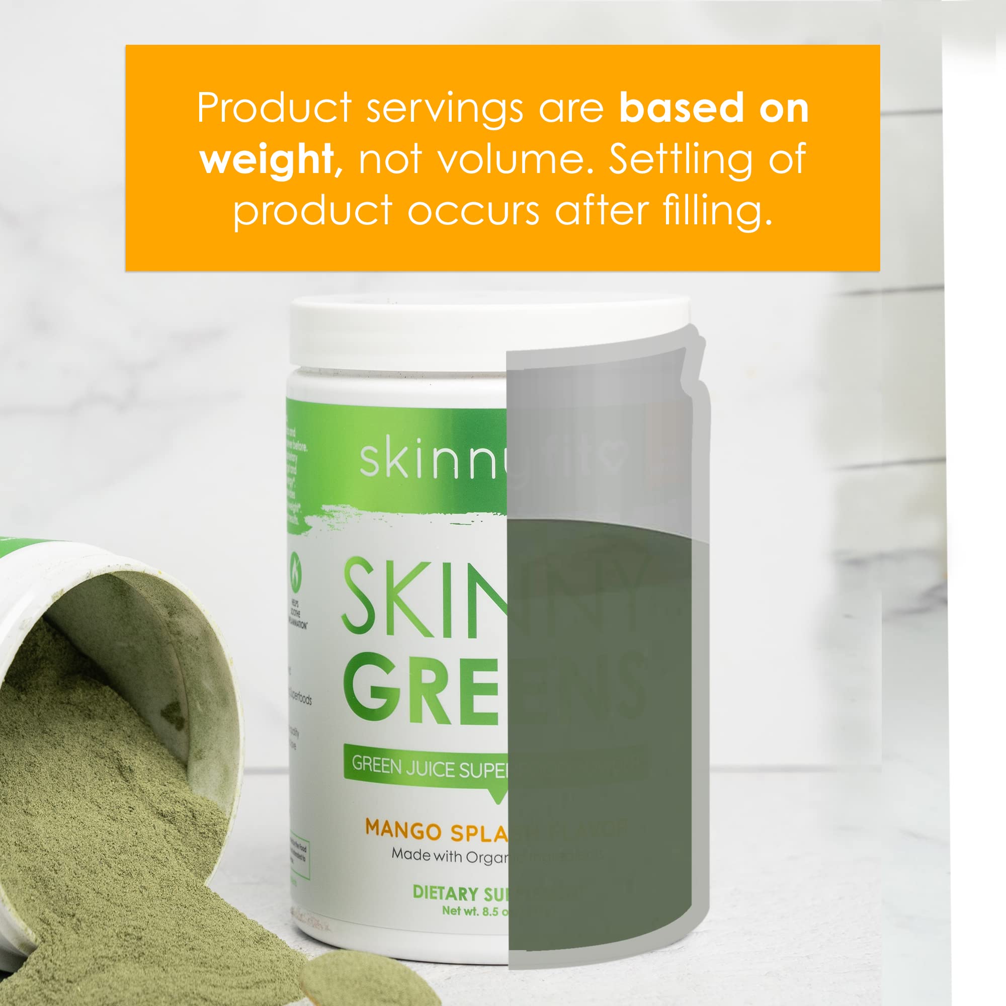 SkinnyFit Mango Splash Skinny Greens Superfood Powder - Natural Energy & Focus Booster with Spirulina & Chlorella, Reduces Bloating, 30 Servings - Perfect for Smoothies, Detox & Daily Wellness Routine