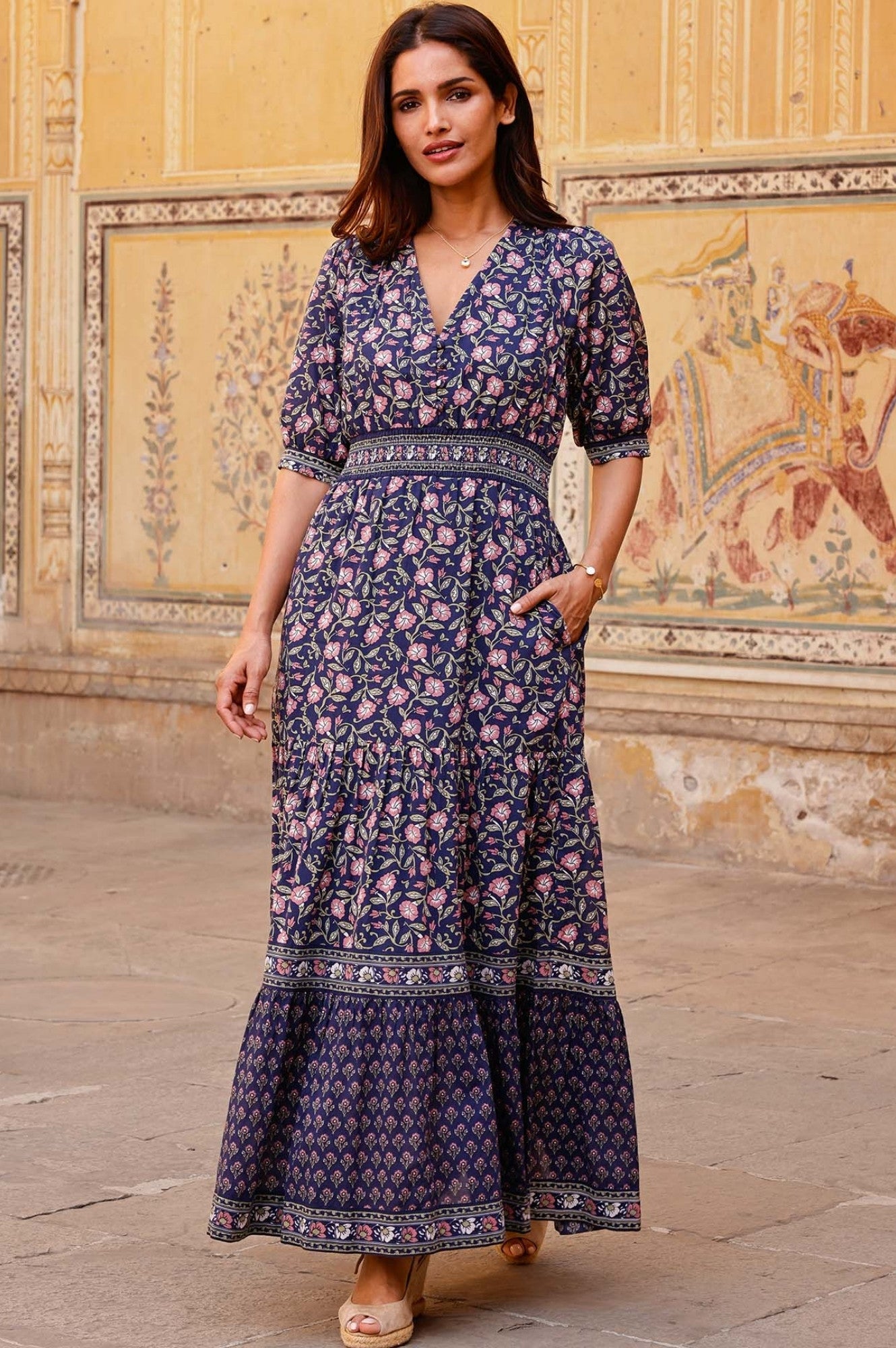 Billie Short Sleeve Organic Cotton Dress - Women's Floral Print Casual Sundress | Primrose Stamp Navy/Pink | Perfect for Summer Outings, Beach Vacations & Brunch Dates