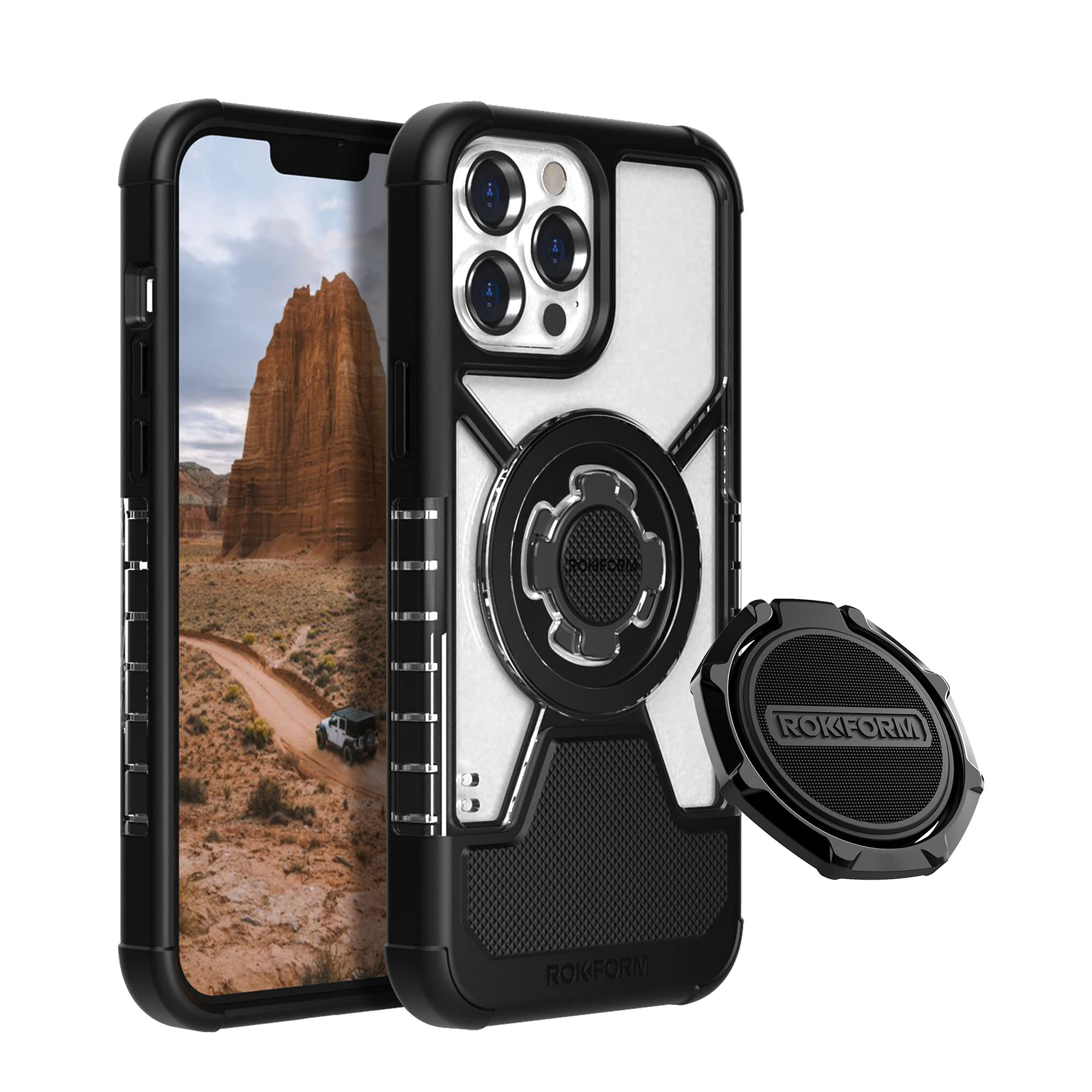 Rokform iPhone 13 Pro Max Crystal Clear Case with Twist Lock Sport Ring Stand & Grip - RokLock Series Protective Cover for Workout, Running, Cycling & Outdoor Activities