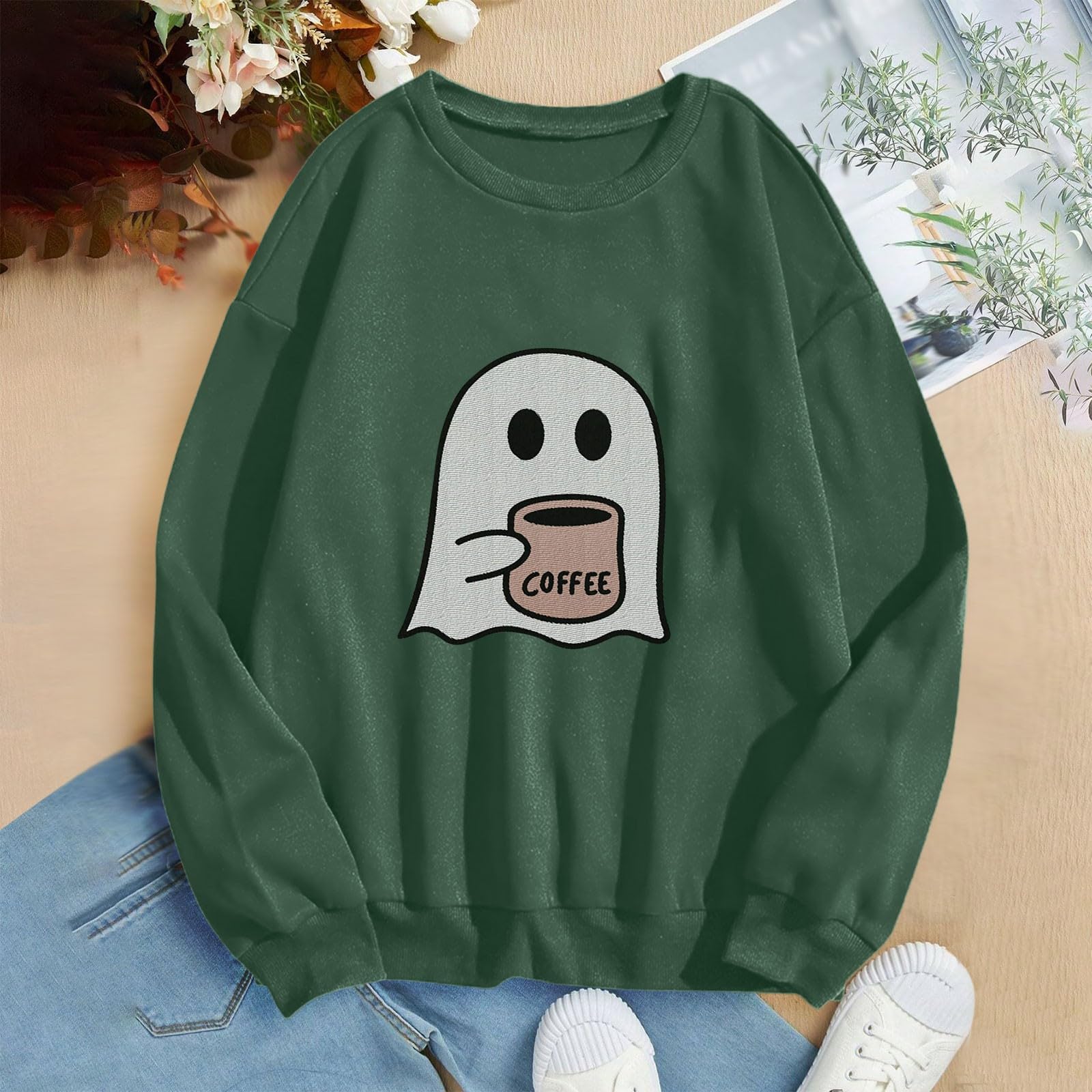 Halloween Preppy Sweatshirt for Women - Ghost Printed Fleece Crewneck Hoodie | Trendy Casual Fall Outfit for Teens & Girls | Perfect for Halloween Parties, School Events & Cozy Autumn Days