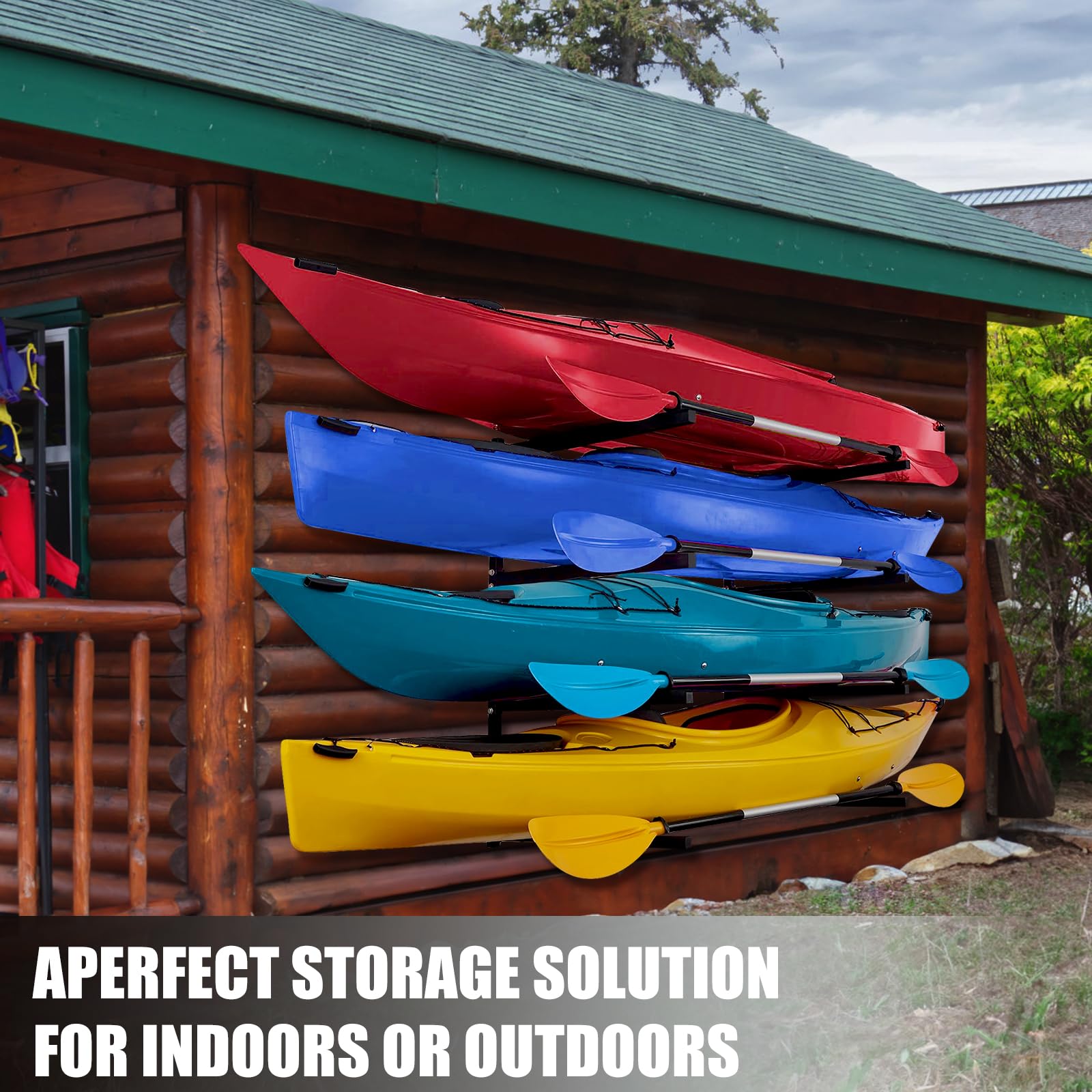 **Heavy Duty Kayak Storage Rack for 4 Kayaks - Wall Mounted Garage & Outdoor Organizer for Kayak, Canoe, Surfboard & Paddleboard - Perfect for Backyard, Shed, or Dock Storage**