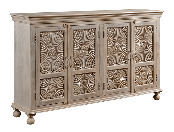Hand Carved Rustic Wooden Sideboard with Four Doors - Farmhouse Dining Room Buffet Cabinet for Storage & Display | Perfect for Kitchen, Dining Area & Living Room Decor