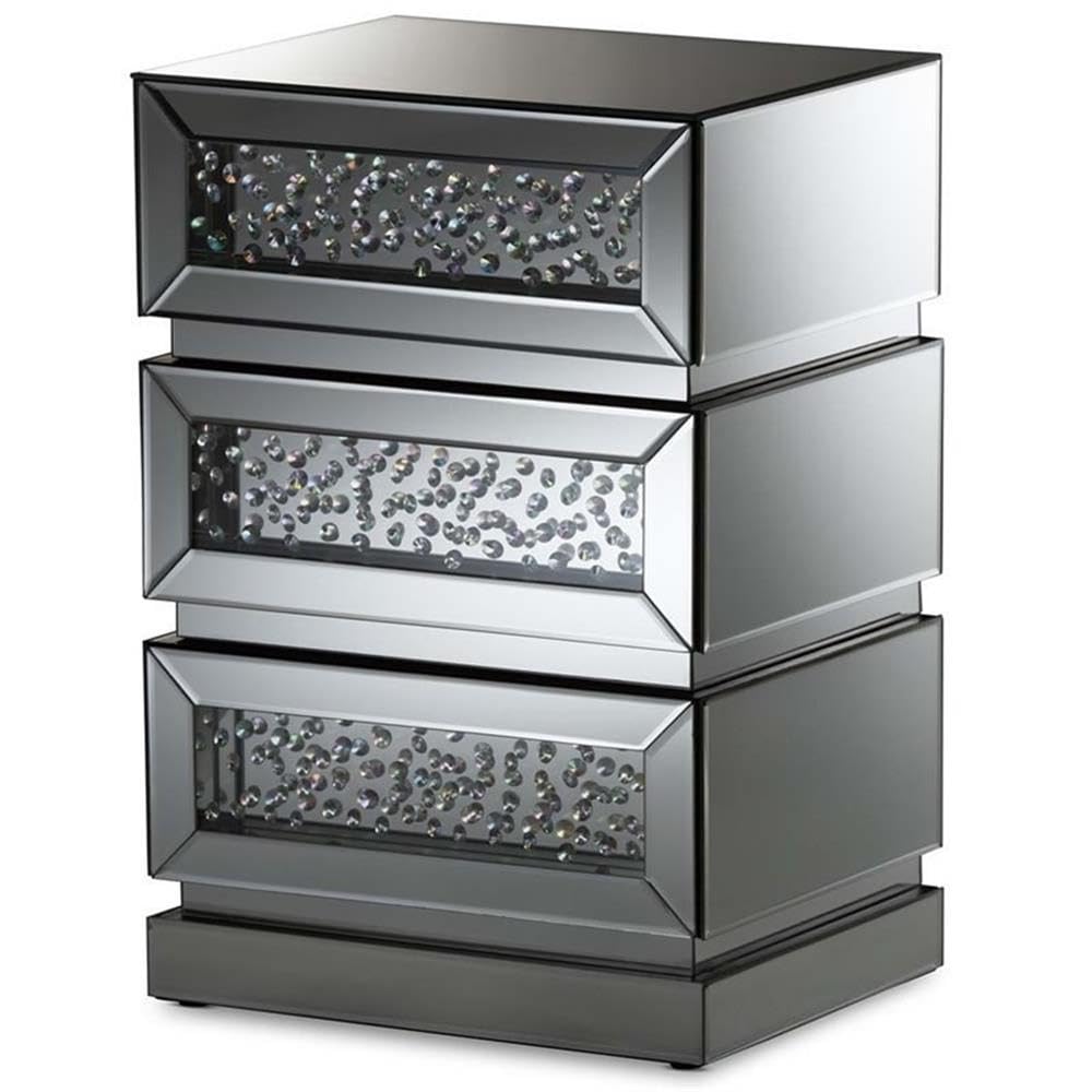 Glam Mirrored 3 Drawer Nightstand in Silver - Modern Bedside Table with Mirror for Bedroom Decor | Perfect for Small Spaces & Guest Rooms