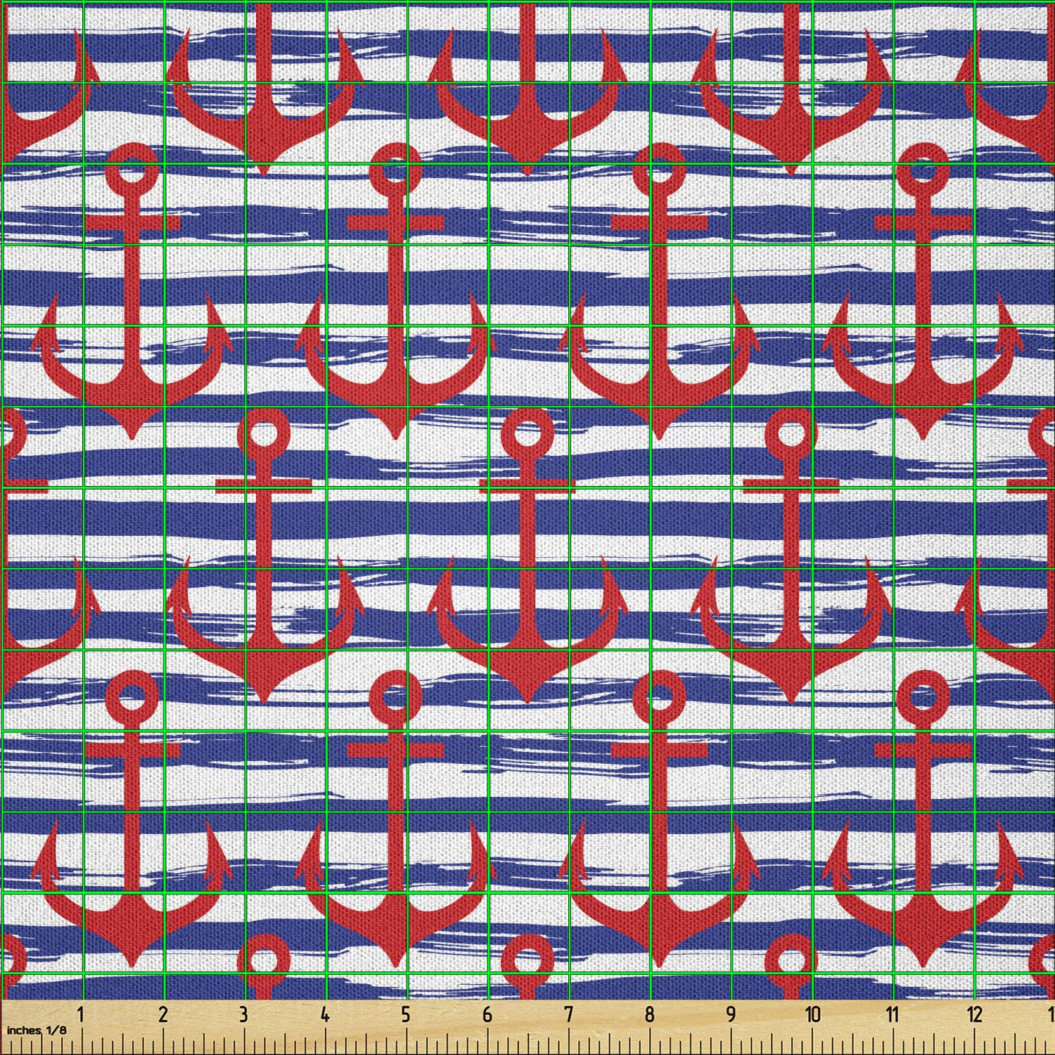 Lunarable Anchor Print Fabric by The Yard - Striped Background Geometric Art Holiday Party Decor, Navy Blue Red White Microfiber Material for DIY Crafts, Upholstery & Home Textiles (5 Yards) - Perfect for Nautical-Themed Decorations, Table Runners, and DIY Sewing Projects