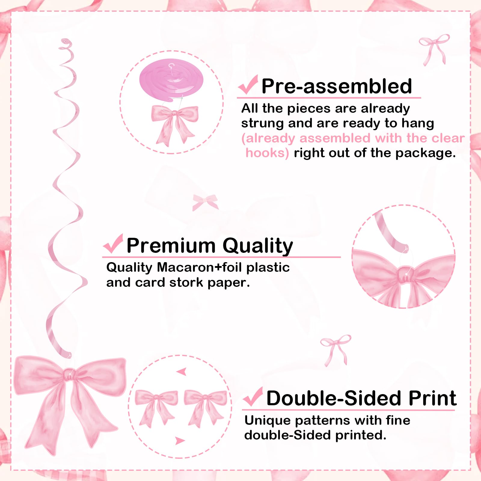 Pink Bow Party Hanging Swirl Decorations - Elegant Bow Theme Birthday Party Decor for Girls, Baby Shower, Bridal Shower & Bachelorette Party - Perfect for Wall, Ceiling & Table Decorations