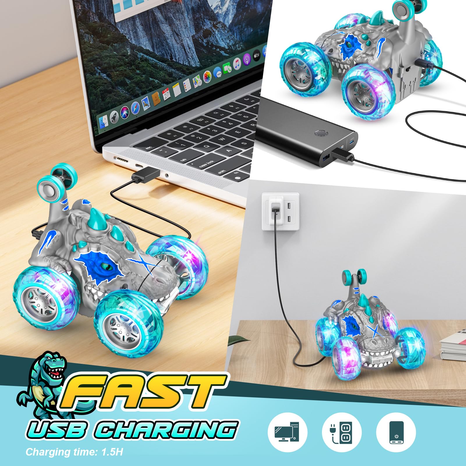 Remote Control Car for Kids Ages 3-10 - 2.4Ghz Fast Stunt RC Truck with 360° Rotation, Dinosaur Design & LED Wheel Lights | Best Outdoor Toy Gift for Boys Birthday, Christmas | Great for Backyard Play, Park Adventures & Indoor Racing Fun