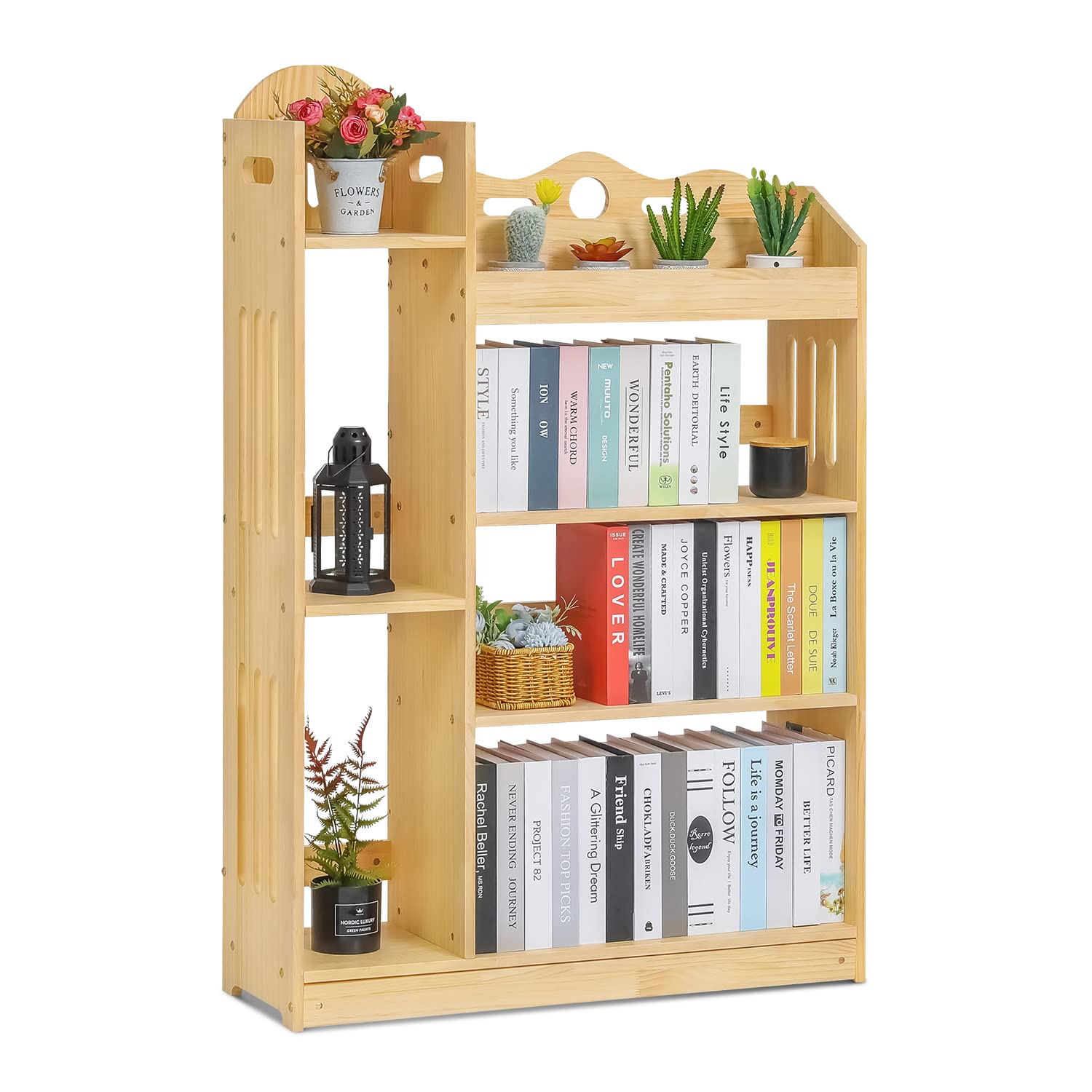 MoNiBloom Wooden Bookshelf with Organizer - Multifunctional Storage Cabinet for Small Spaces, Playroom & Bedroom - Natural Finish Display Shelf for Books, Toys & Home Decor | Perfect for Kids Room Organization & Compact Living Spaces