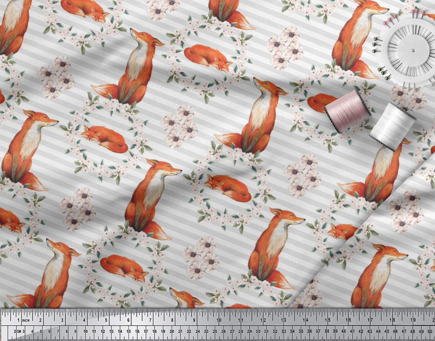 Soimoi Cotton Voile White Fabric by The Yard - 42 Inch Wide Floral Wreath & Fox Stripe Printed Fabric - Perfect for DIY Dresses, Curtains, and Home Decor Projects