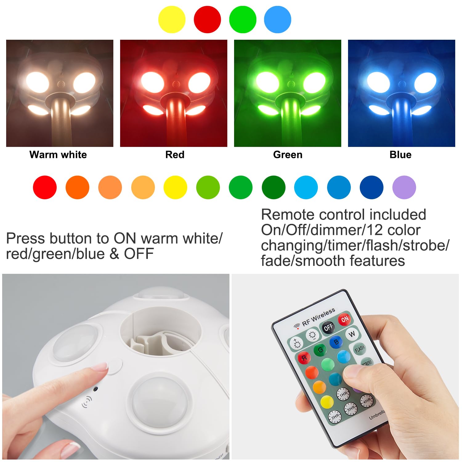 BIGMONAT 12-Color Changing LED Umbrella Light with Remote, Timer & Dimmer - Battery Operated Outdoor Patio Umbrella Pole Light, Wireless Camping Tent Lights - Perfect for Backyard, Deck, Garden Parties & Nighttime Outdoor Activities