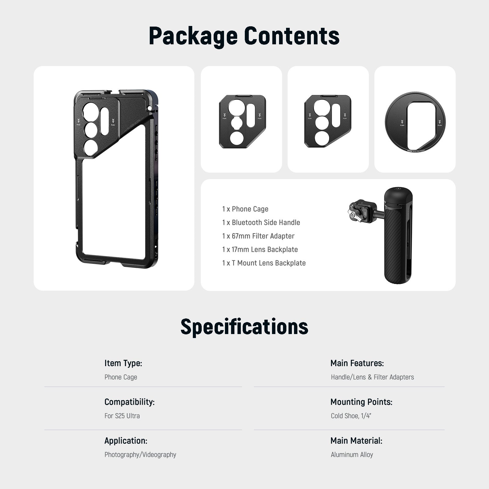 NEEWER PA082 Phone Cage for Samsung S25 Ultra - 67mm Filter Mount, 17mm & T-Mount Adapters - Perfect for Smartphone Photography & Videography