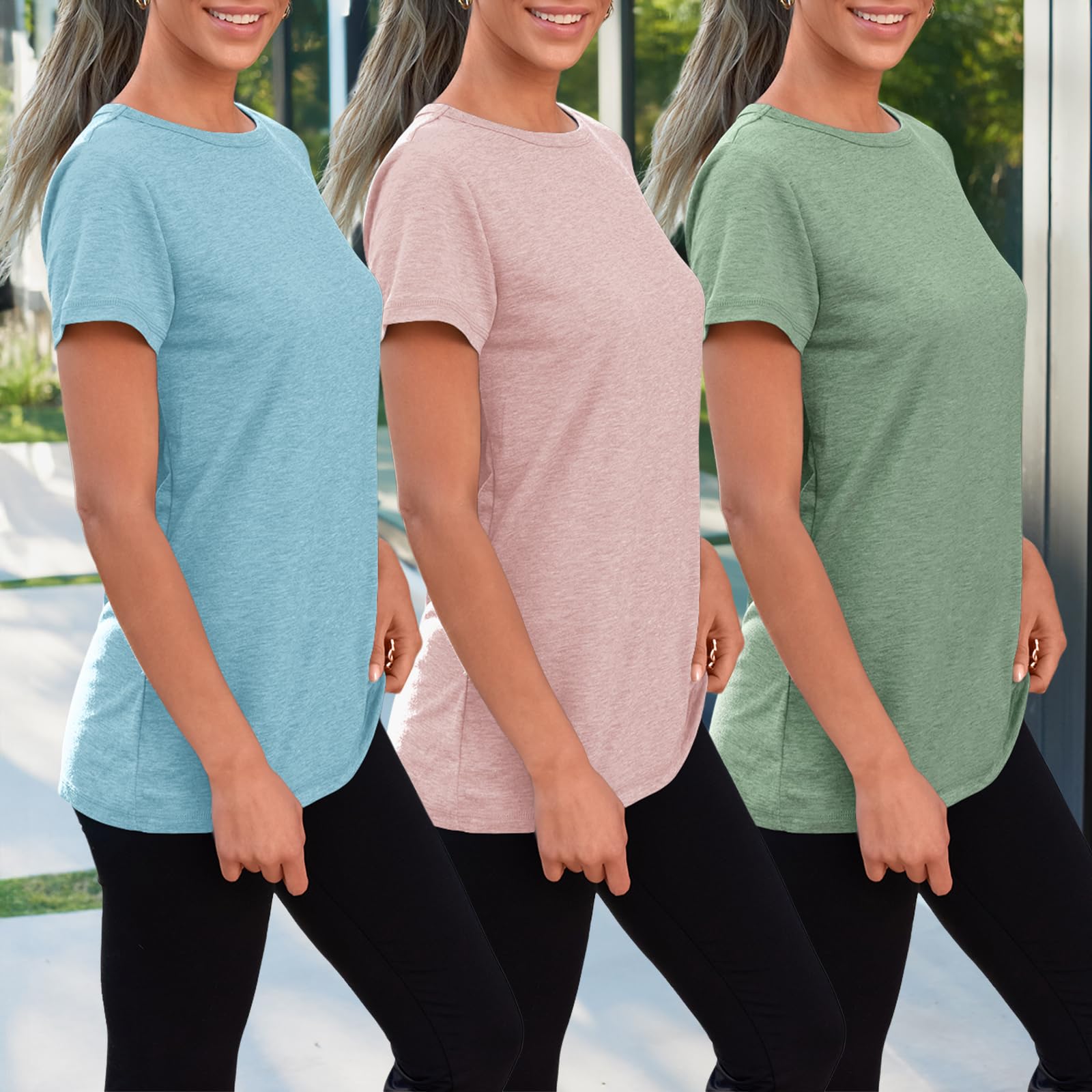 SUNBS Women's 3 Pack Short Sleeve T-Shirts - Summer Basic Tees for Casual Wear, Workout & Vacation Outfits | Soft Comfortable Cotton Blend Tops for Everyday Use, Gym & Travel 2025