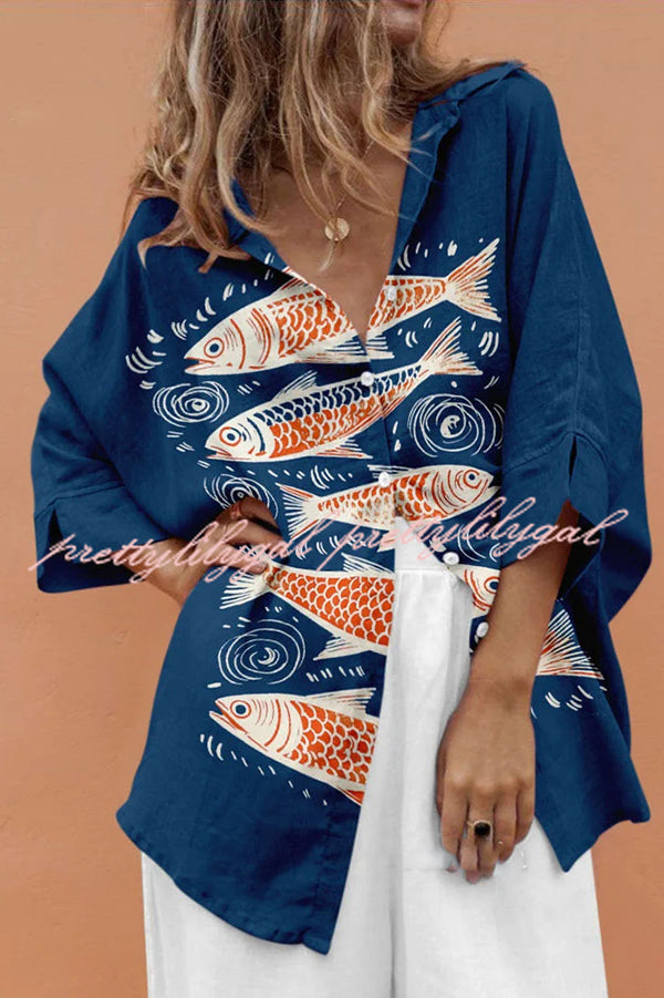 Stylish Marine Print Casual Loose Shirt Top for Women - Beachwear, Summer Vacation & Boho Outfit