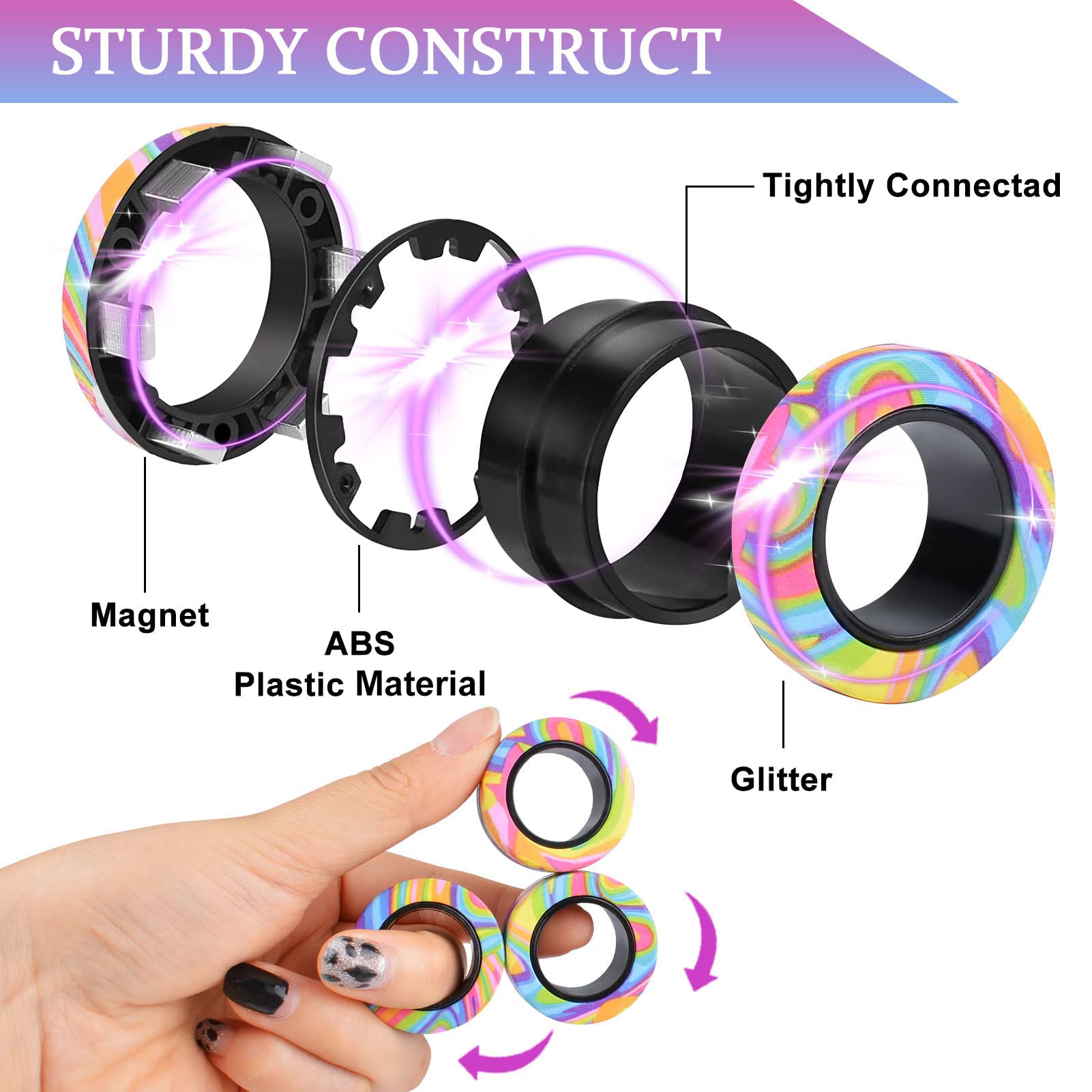 3Pcs Magnetic Fidget Rings for Adults & Kids - Stress Relief & Anxiety Toys for ADHD, Autism, Focus - Fun Easter Basket Stuffers & Valentine's Gifts for Boys Girls 8+ - Perfect for Office, School & Travel Use
