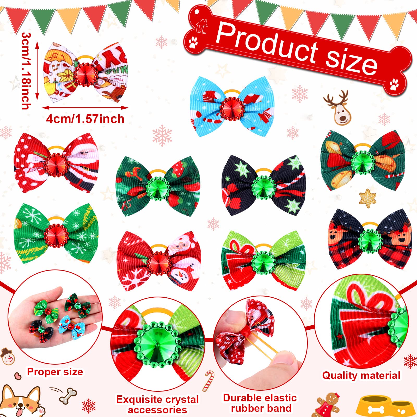 Tondiamo 100 Pack Christmas Dog Bows - Festive Rhinestone Hair Bows with Rubber Bands for Puppies & Dogs | Santa, Christmas Tree, Elk & Snowflake Designs | Perfect for Holiday Grooming, Pet Photos & Christmas Parties