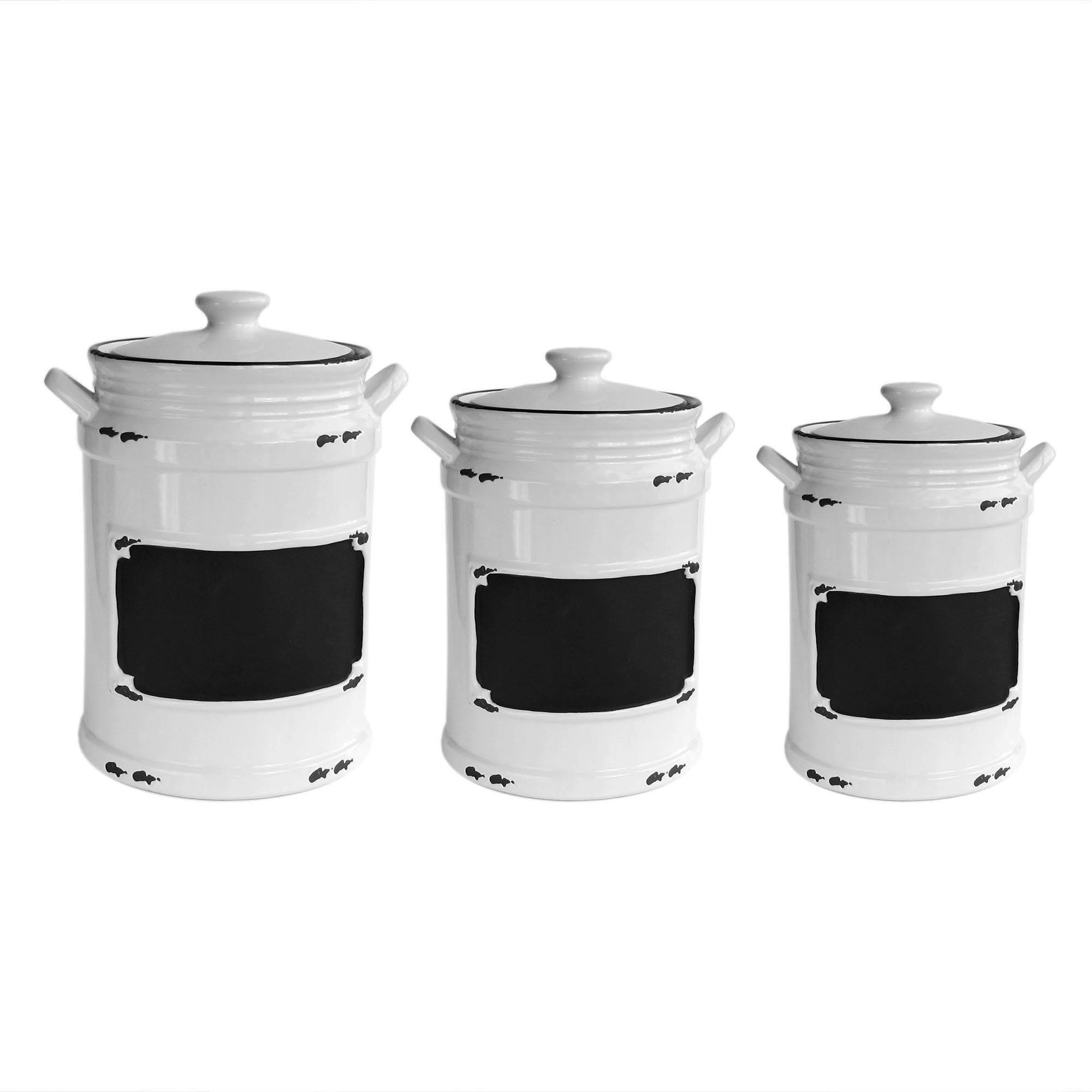 American Atelier Vintage 3-Piece Ceramic Canister Set with Lids - White with Black Distressed Design (21x8x11) - Perfect for Storing Cookies, Candy, Coffee, Flour, Sugar, Pasta & Cereal - Ideal for Kitchen Countertop, Pantry Organization & Farmhouse Decor
