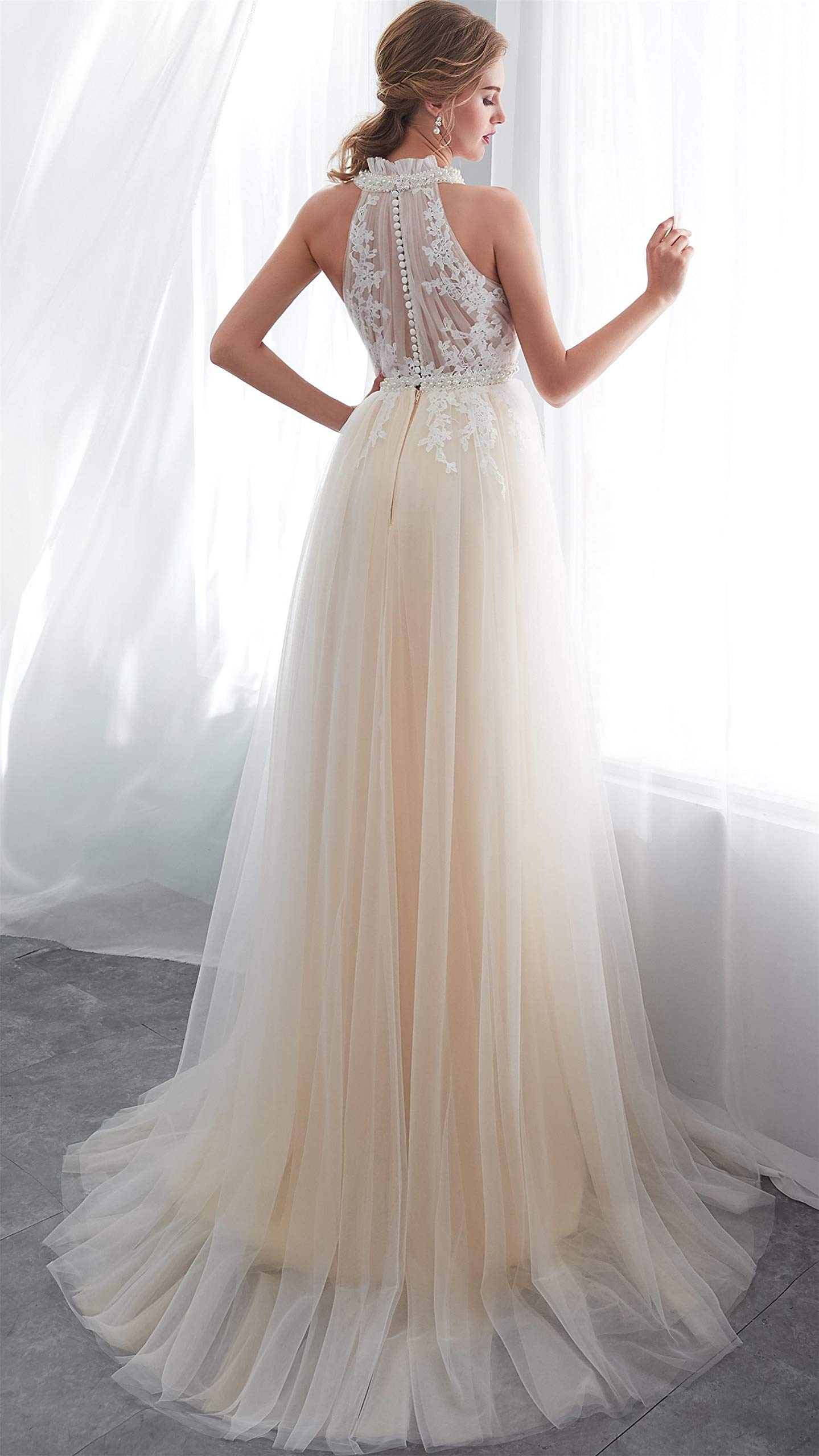 Elegant Women's Halter A-Line Beaded Applique Beach Wedding Dress - Perfect for Beach Weddings, Destination Elopements & Summer Bridal Events