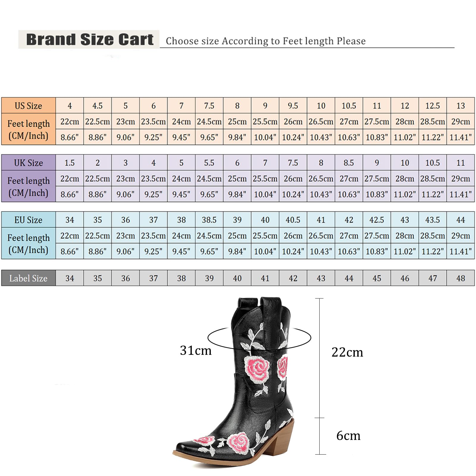 Roimaash Fashion Women's Rose Embroidery Cowgirl Boots - Ankle High Western Cowboy Boots for Country Dancing, Rodeo & Casual Wear