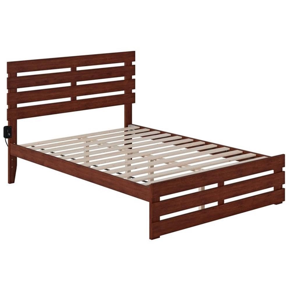 BOWERY HILL Modern Solid Wood Full Size Bed Frame with Footboard & USB Charging Ports - Walnut Finish for Bedroom, Guest Room & Dormitory