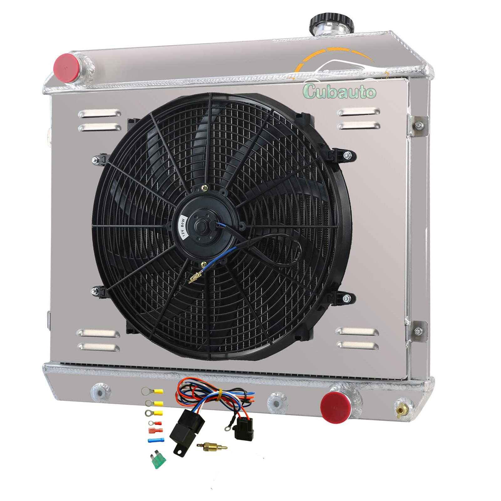 1961-1966 Chevy C10 C20 C30 K10 K20 GMC Oldsmobile Pontiac Catalina Truck Aluminum Radiator - 3 Row Full Aluminum Cooling System with Shroud Fan & Relay Kit - Perfect for Classic Truck Restoration & Hot Weather Performance