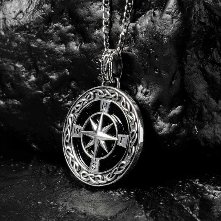 Black Onyx Sterling Silver Men’s Celtic Compass North Star Necklace – Perfect for Gifts, Spiritual Protection & Viking Style Jewelry