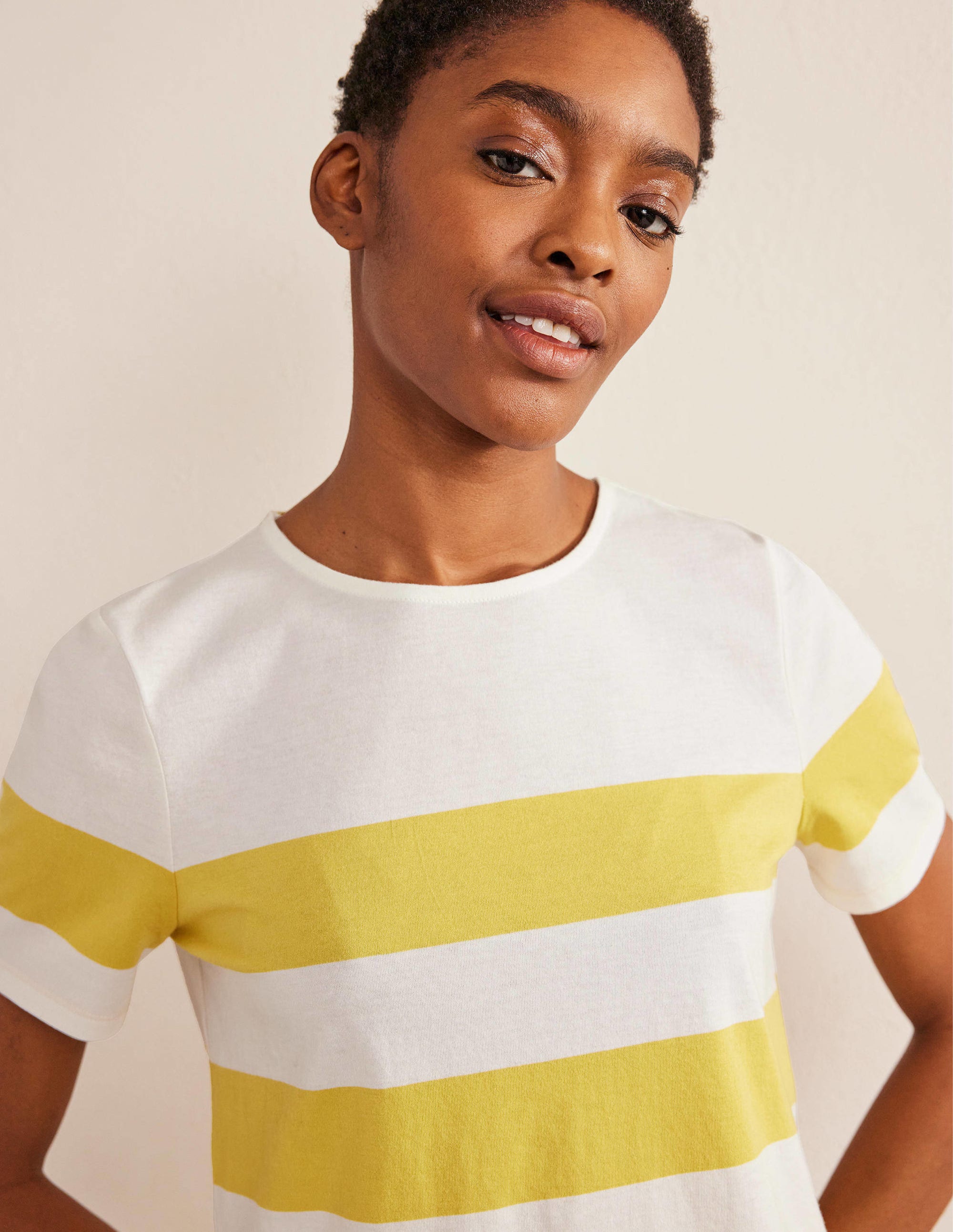 Bea Short Sleeve Breton Sweet Honeycomb Stripe T-Shirt for Women - Ivory & White Striped Cotton Top - Perfect for Casual Wear, Summer Outfits and Beach Vacations