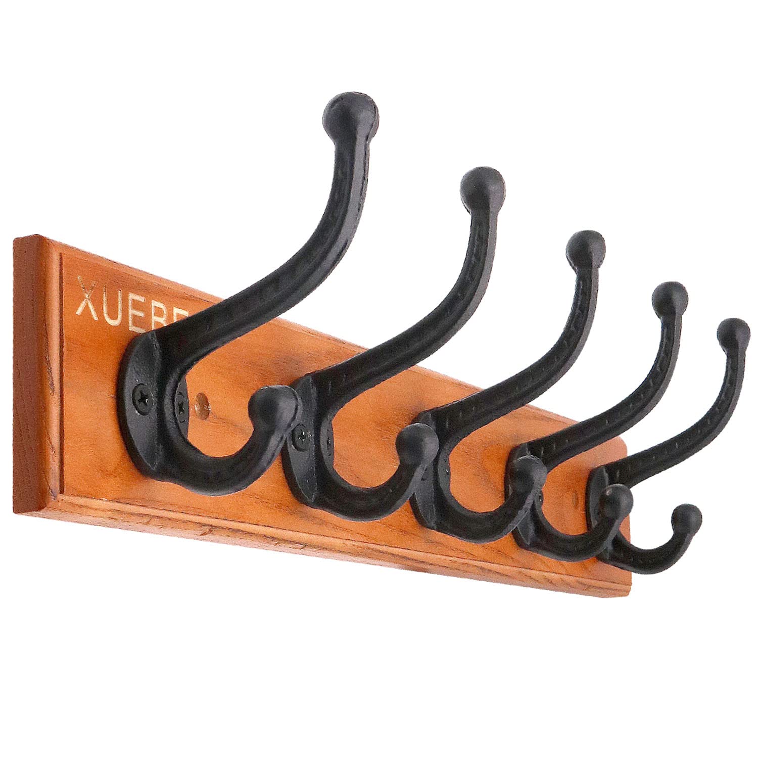 Rustic Black Cast Iron Coat Hooks - Heavy Duty 5-Hook Wall Mounted Coat Rack with Ash Wood Base for Entryway, Bedroom & Bathroom - Perfect for Hanging Coats, Bags, Hats, Towels & More | Farmhouse Style Home Decor