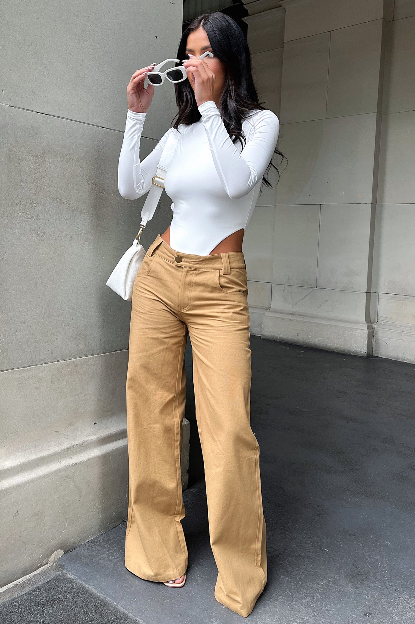 Inaya Women's Wide Leg Jeans in Tan - Comfortable High Waist Stretch Denim Pants for Casual Wear & Everyday Outfits