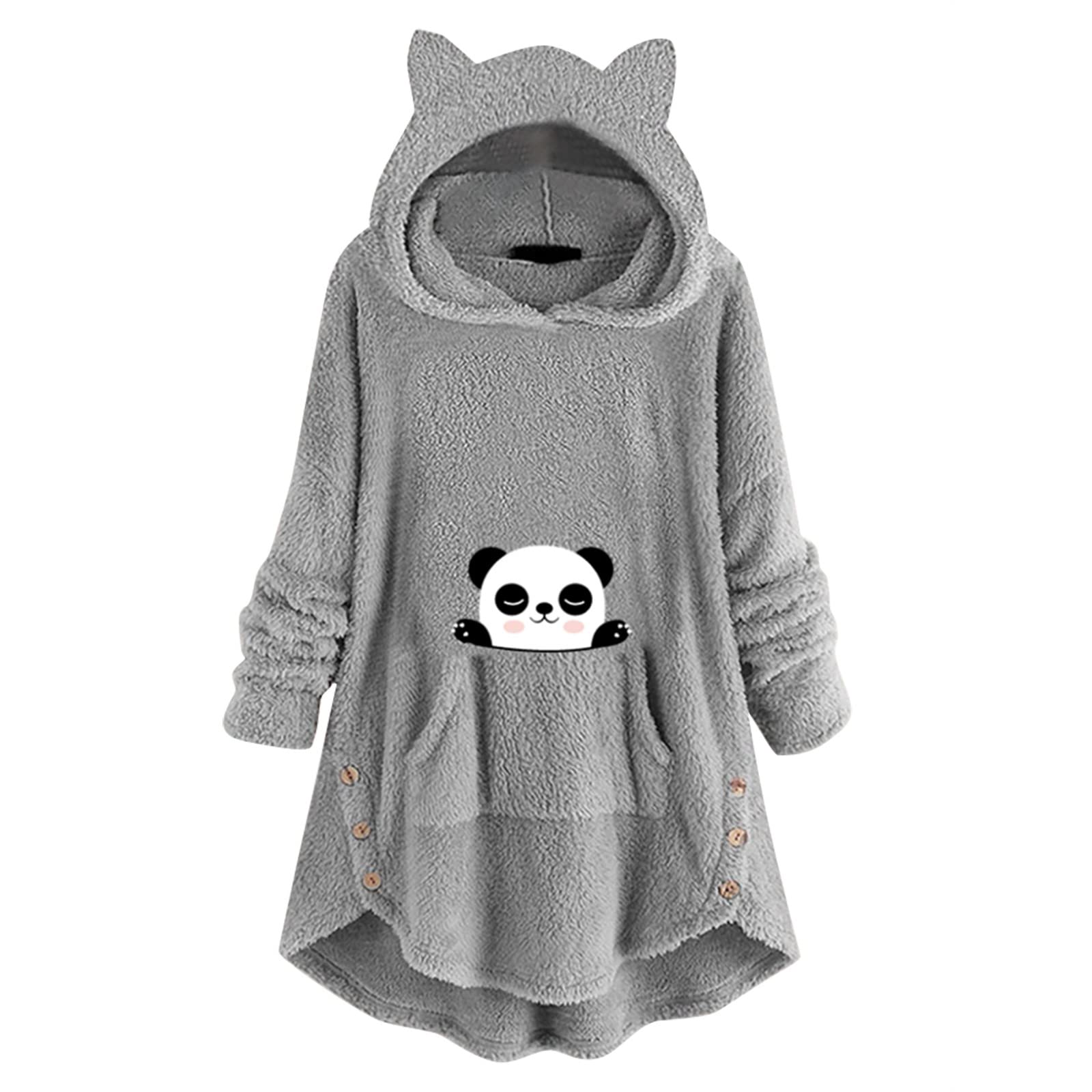 Women's Cat Print Fleece Hoodie with Long Sleeves, Pockets & Button Front - Cozy Pullover Sweatshirt for Casual Wear, Lounge & Outdoor Activities